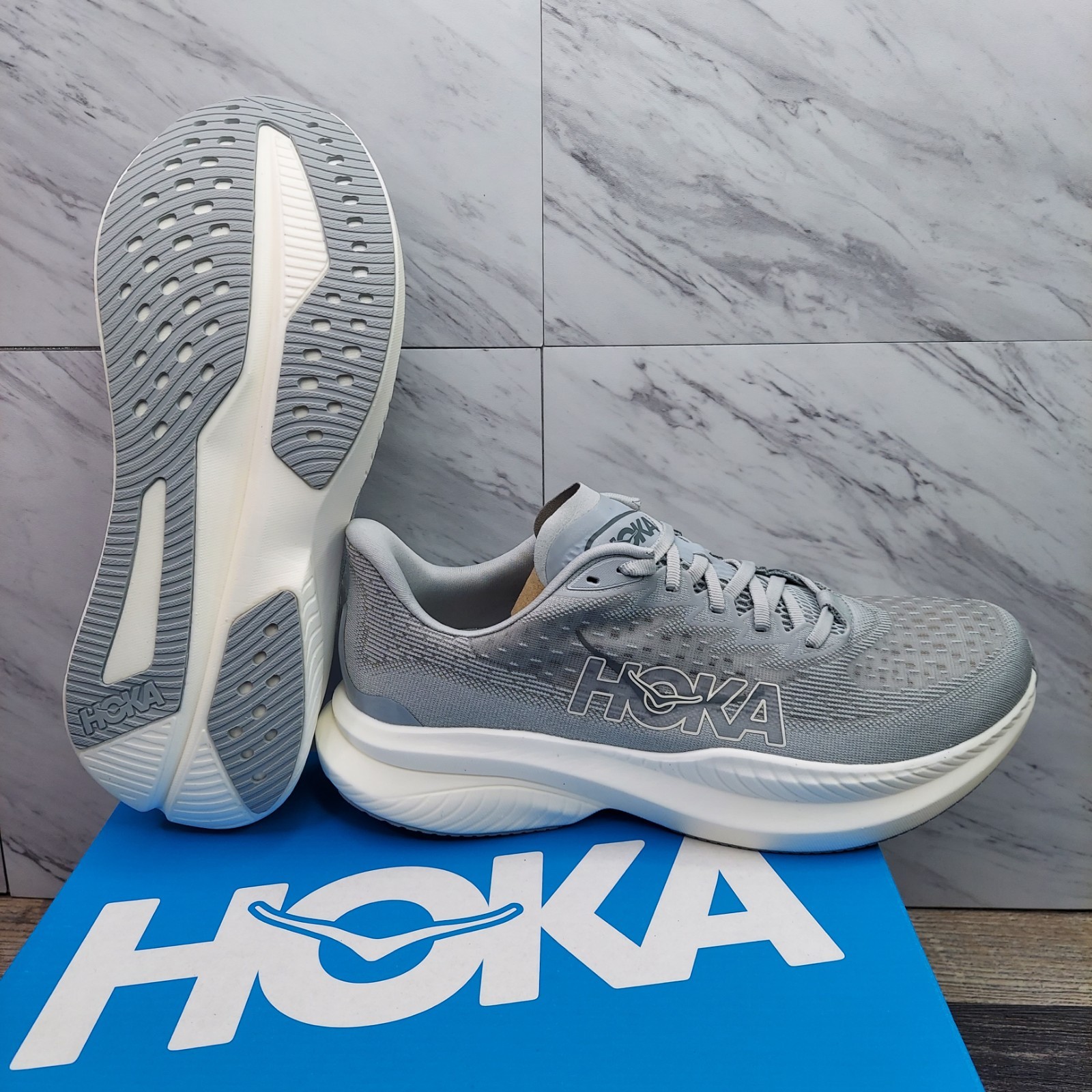 Hoka One Mach 6 Mens Size 10 D Gray White Stardust Alabaster 1147790 SLBS Shoes