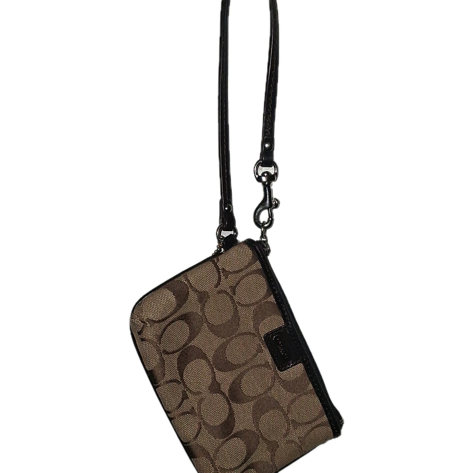 Coach Signature Logo Zip Wristlet Clutch, Small Beige Brown, Silver HW