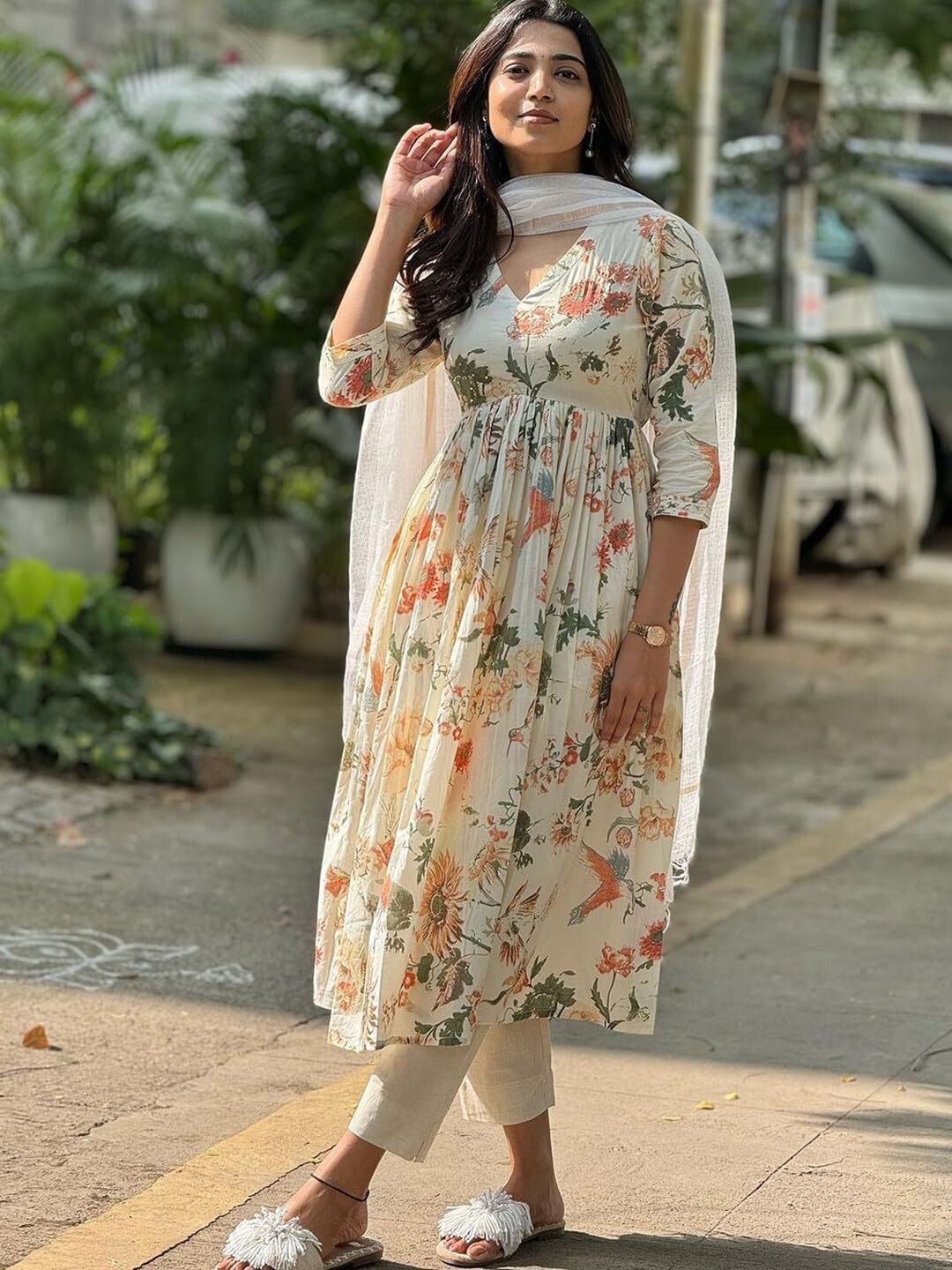 Women’s Rayon Blend Printed Anarkali Kurta with Pant & Dupatta