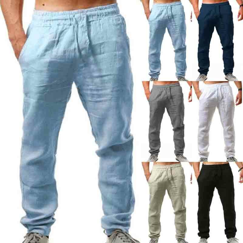Mens Summer Linen Loose Trousers Casual Travel Beach Rope Tie Drawstring Pants