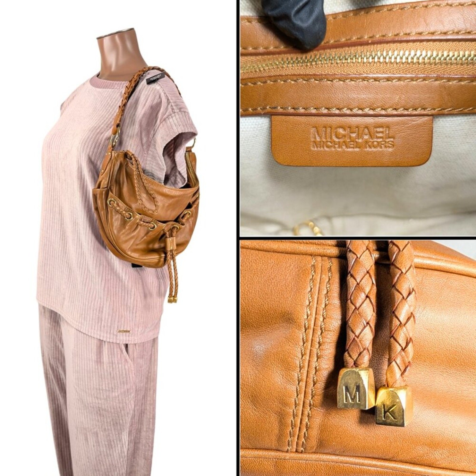 Michael Kors Nolita Tan Leather Braided Hobo Zip Boho Festival Shoulder Bag