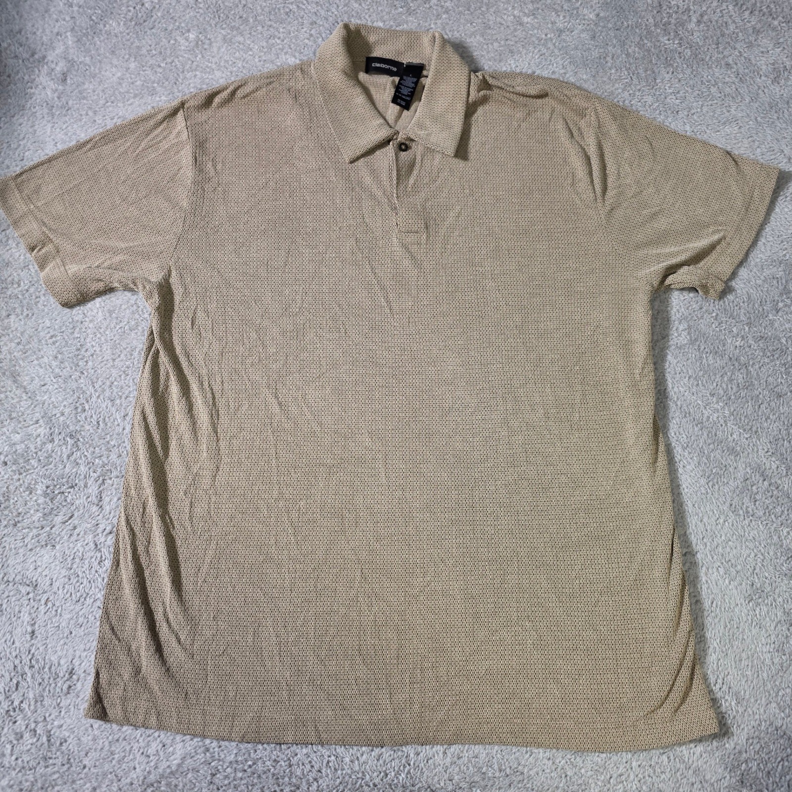 Claiborne Mens Large Polo Shirt Tan Textured Knit Short Sleeve Rayon Blend L