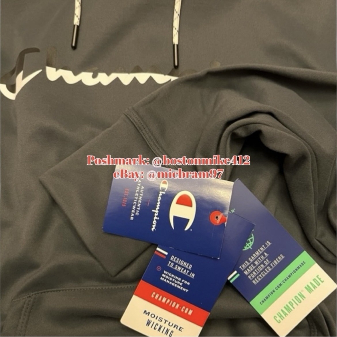 Champion Mens Game Day Logo Hoodie Fleece Sweatshirt CHARCOAL GRAY w Black White