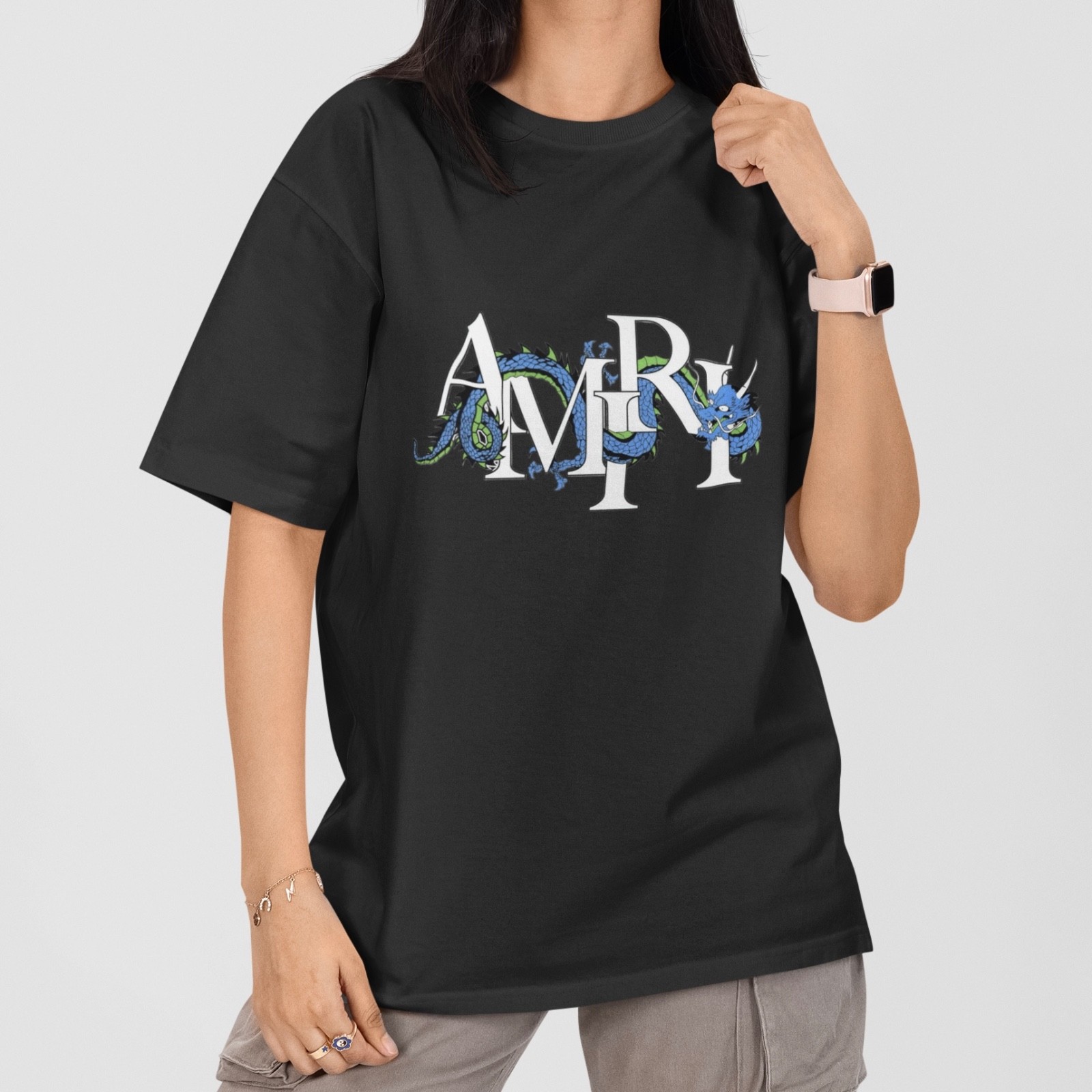 Cool Blue Dragon Letter Print Tee Unisex Trendy Streetwear Cotton Casual Top