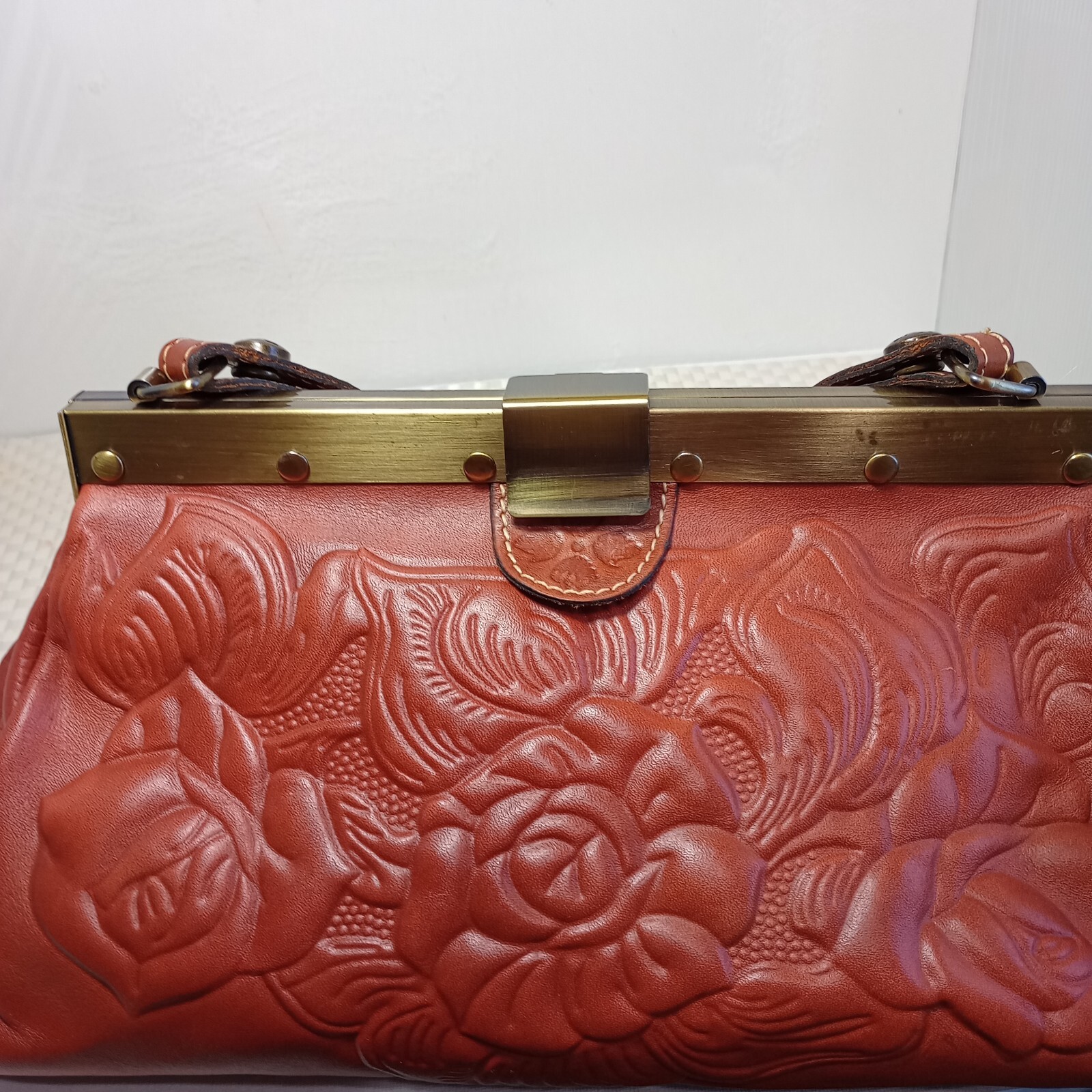 Patricia Nash Floral Embossed Cognac Leather bag Medium Brass Bottom Studs EUC