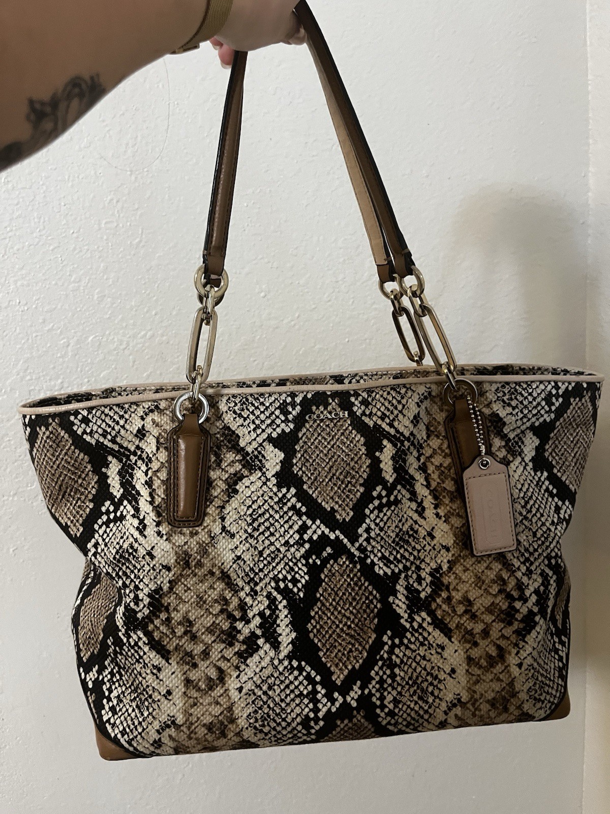Coach Madison East/West Tote in Python Print Fabric snake skin gold hardware