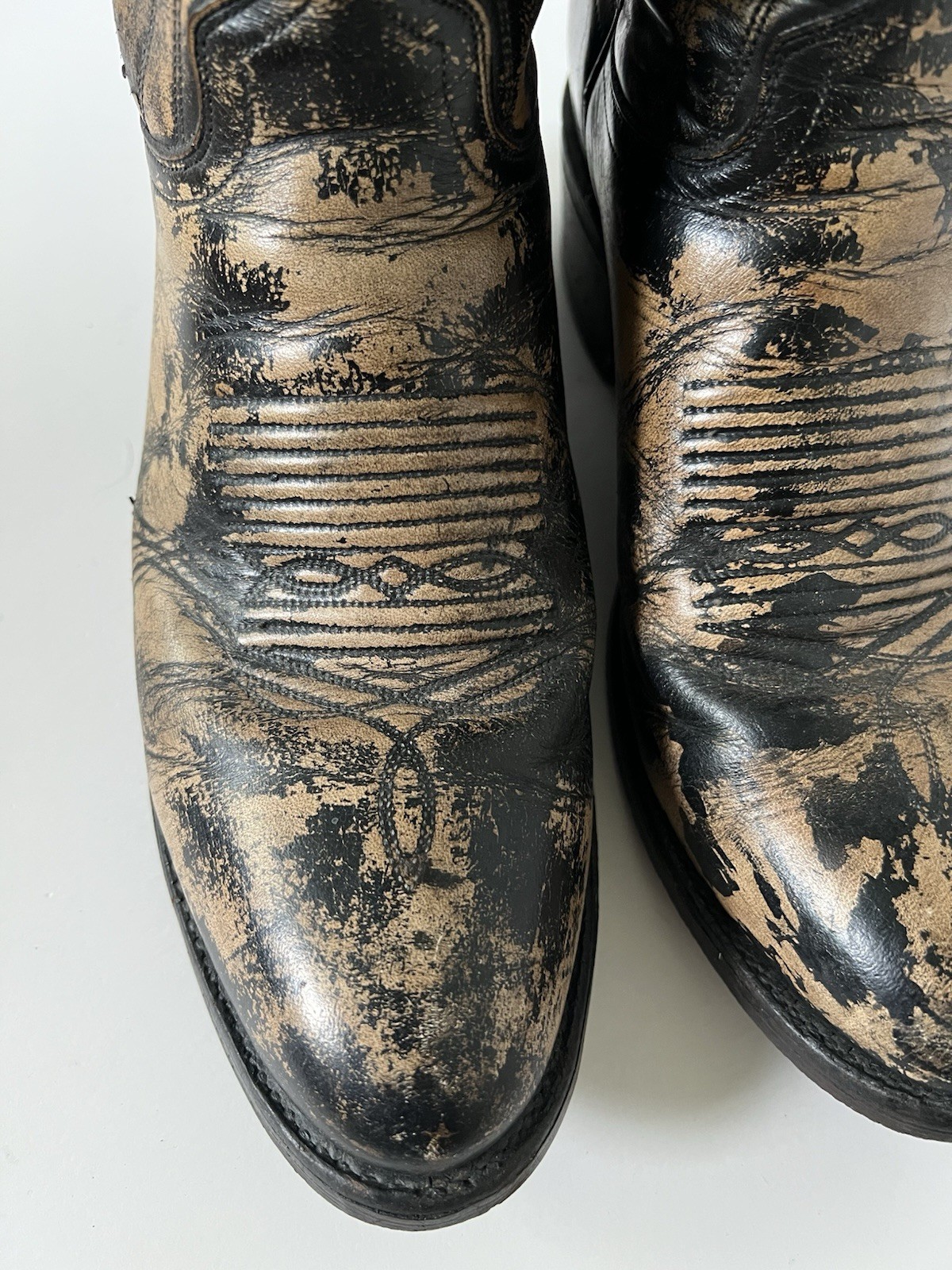 J Chisholm Distressed Tan Black Western Leather Cowboy Boots USA Mens 9D