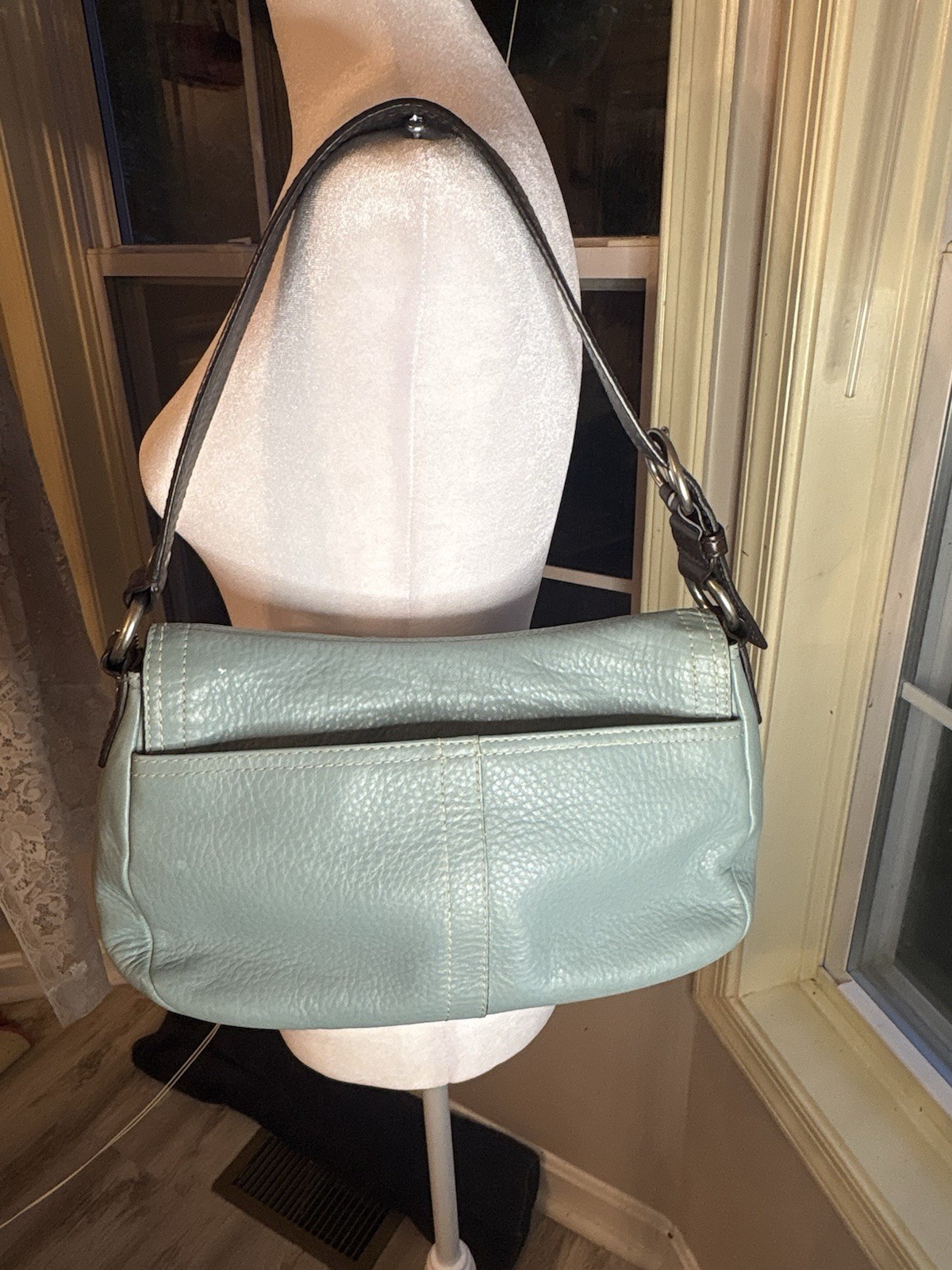 Coach Light Blue Pebbled Flap Shoulder Bag Snap Closure Brown Strap