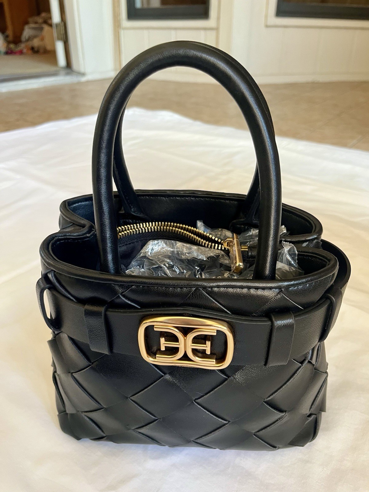 The Sam Edelman Black Cleo Mini/small Woven Belt Buckle Top Handle w/ Strap EUC