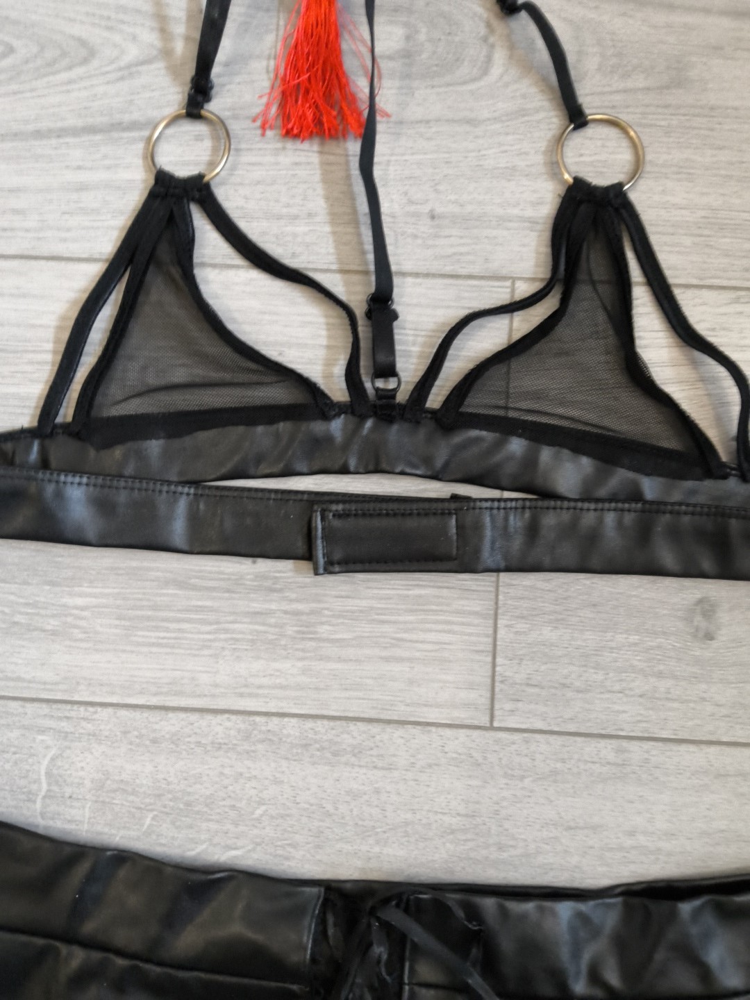 BNWOT Black PVC & Sheer Mesh Tassel Suspender Skirt & Bra Top Set Size 10-14