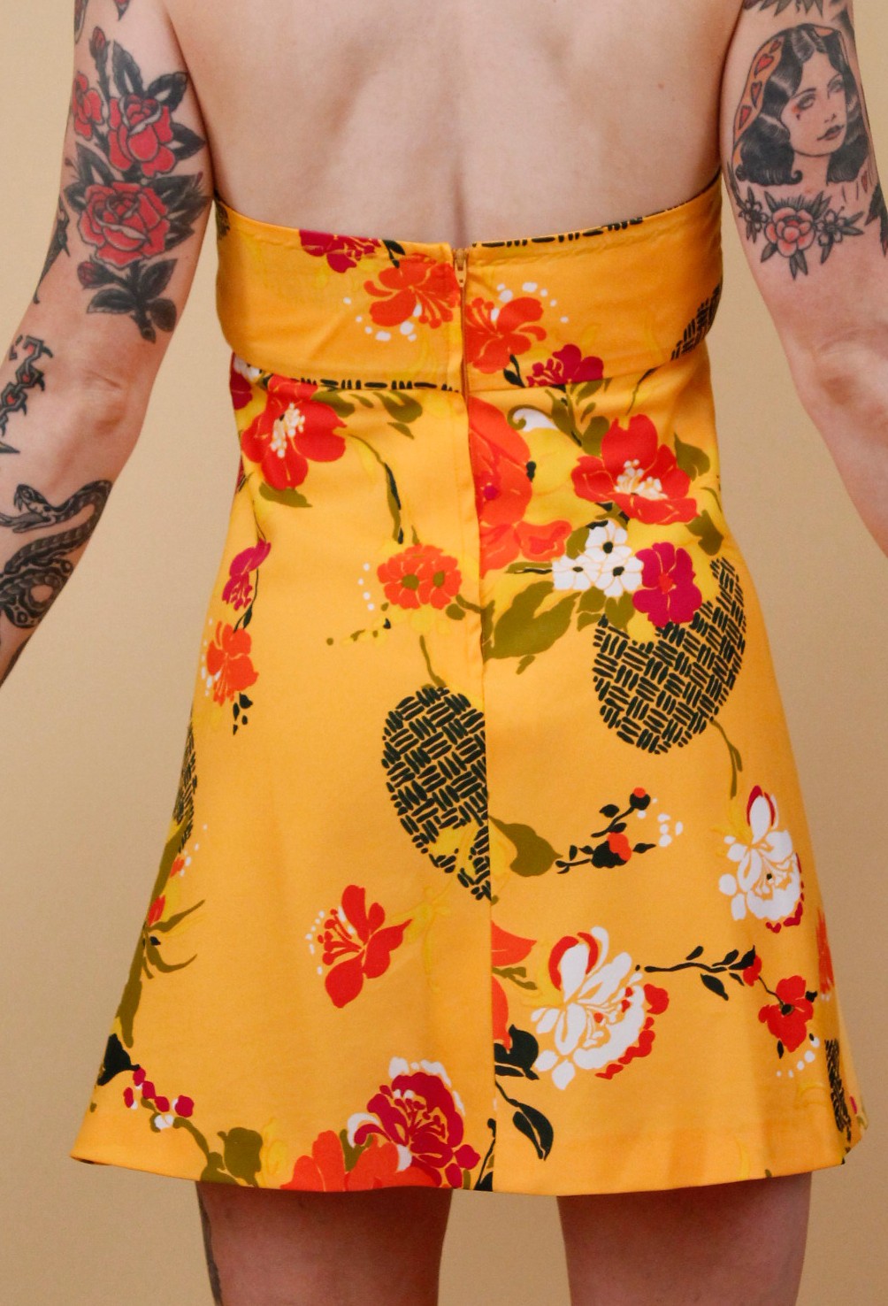 60s 70s Vtg Yellow Floral Micro Mini Dress Halter Top Mod Hawaiian Handmade Xs