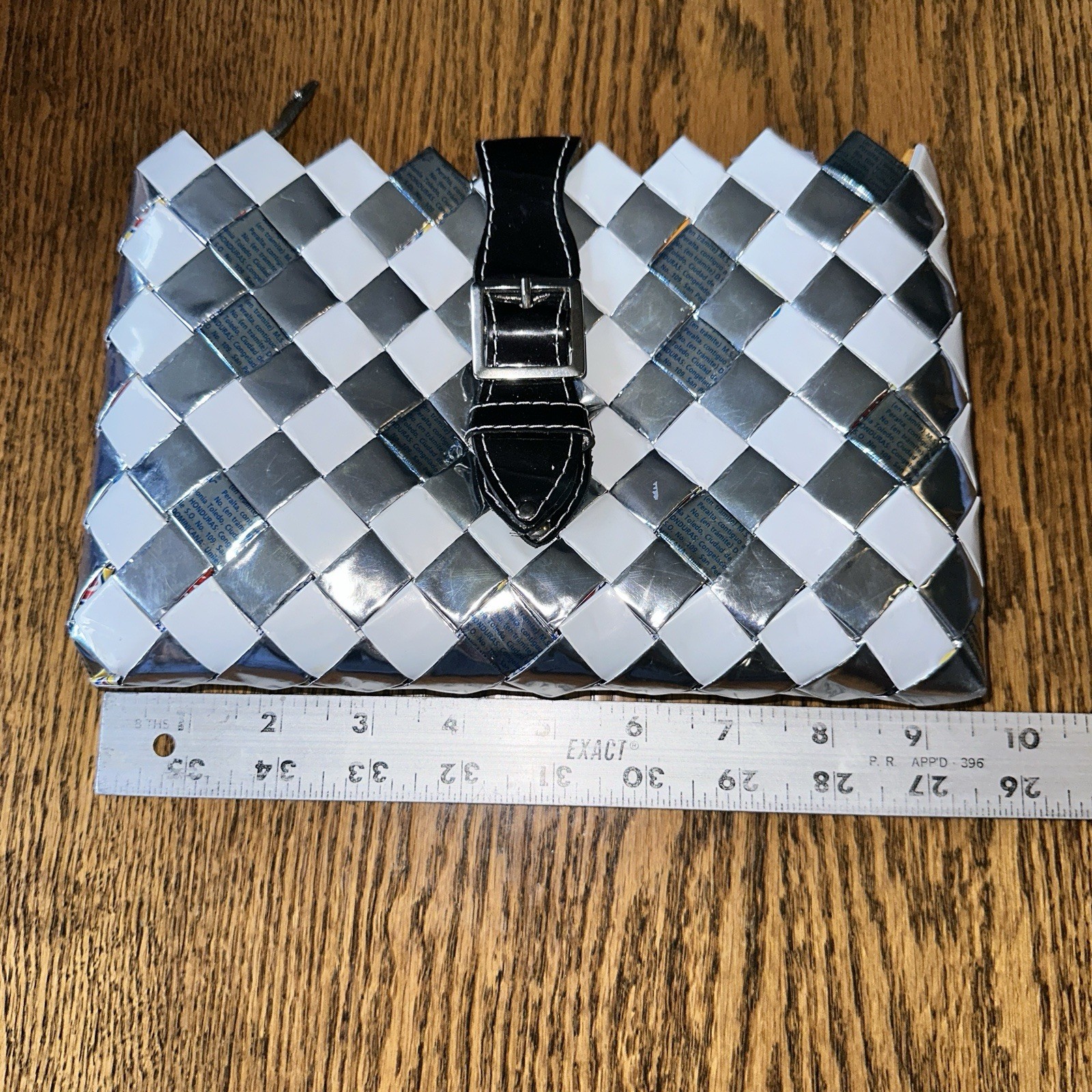 Nahui Ollin Y2K Woven Candy Wrapper Clutch Bag Purse Silver White Glossy Buckle