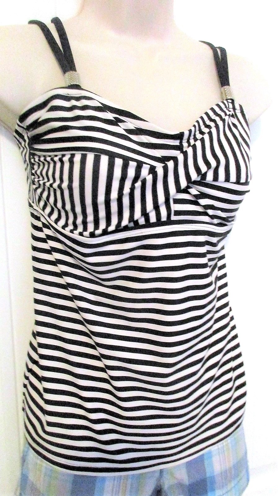 Lime Ricki, Blk/Wht Striped Tankini Swim Top, Adj. Straps, Nylon/Span, M, NWOT