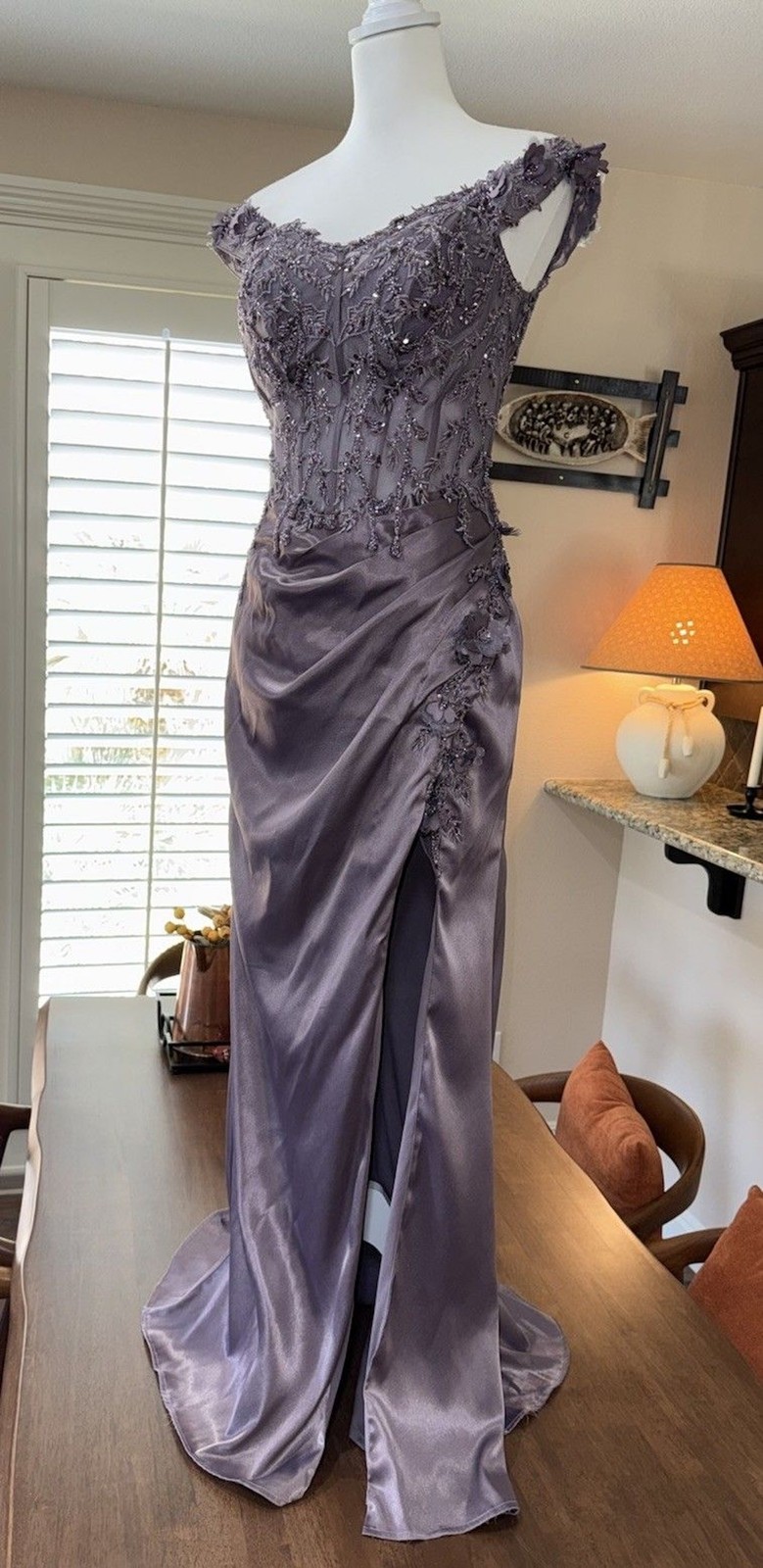 Ladivine Cinderella Divine Lavender Corset Slit Prom Gown Beaded Formal Dress M