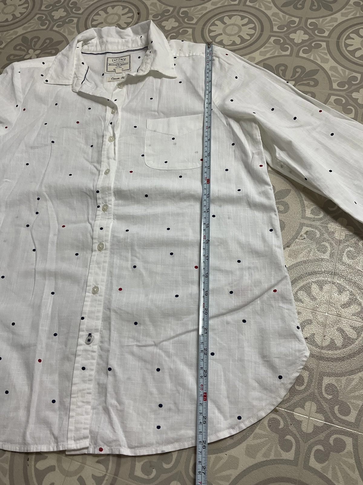 FatFace ladies white textured cotton deep navy & red polka dot blouse top UK 12