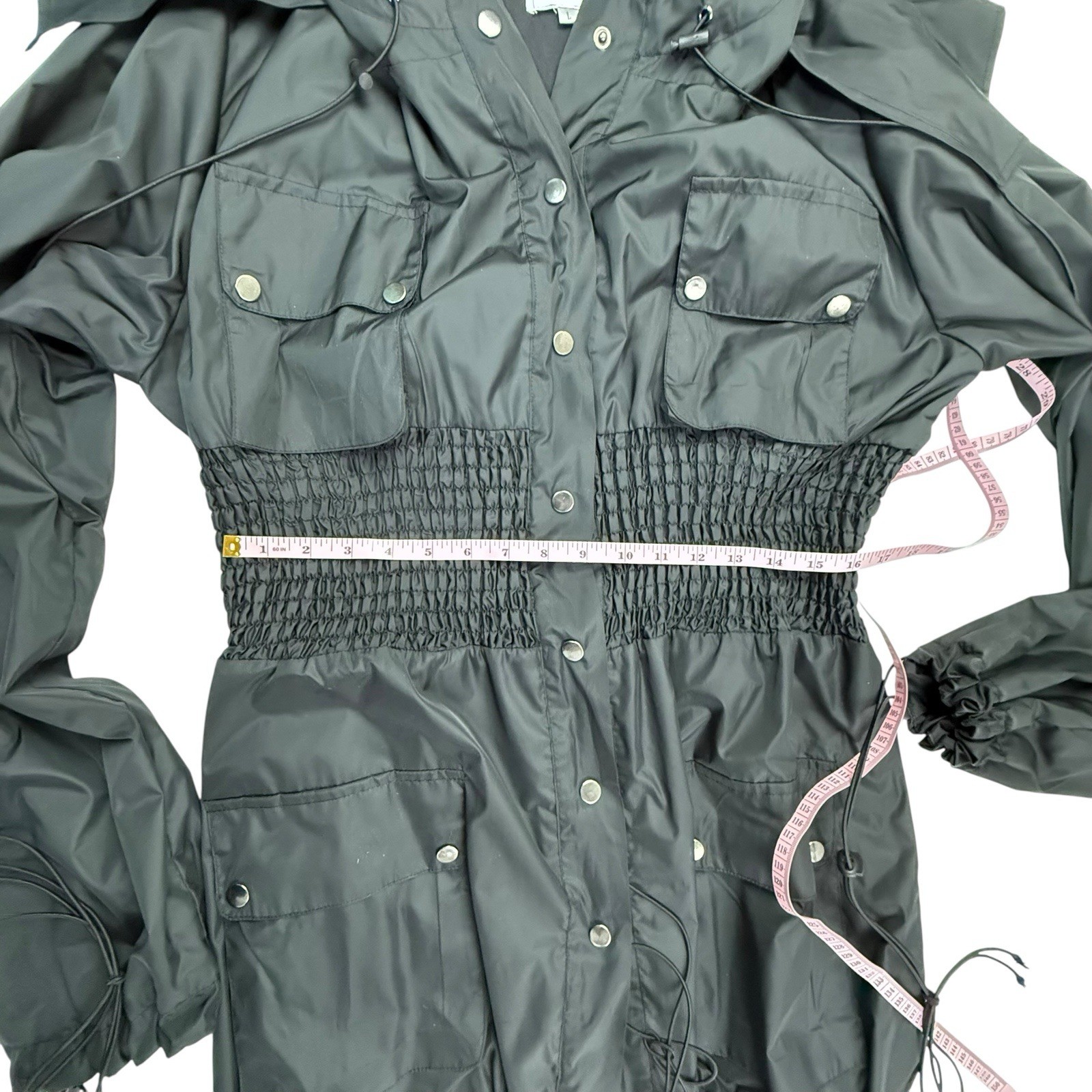NEW Irregular Exposure Smocked Waist Parachute Jacket Women Large Black Hooded