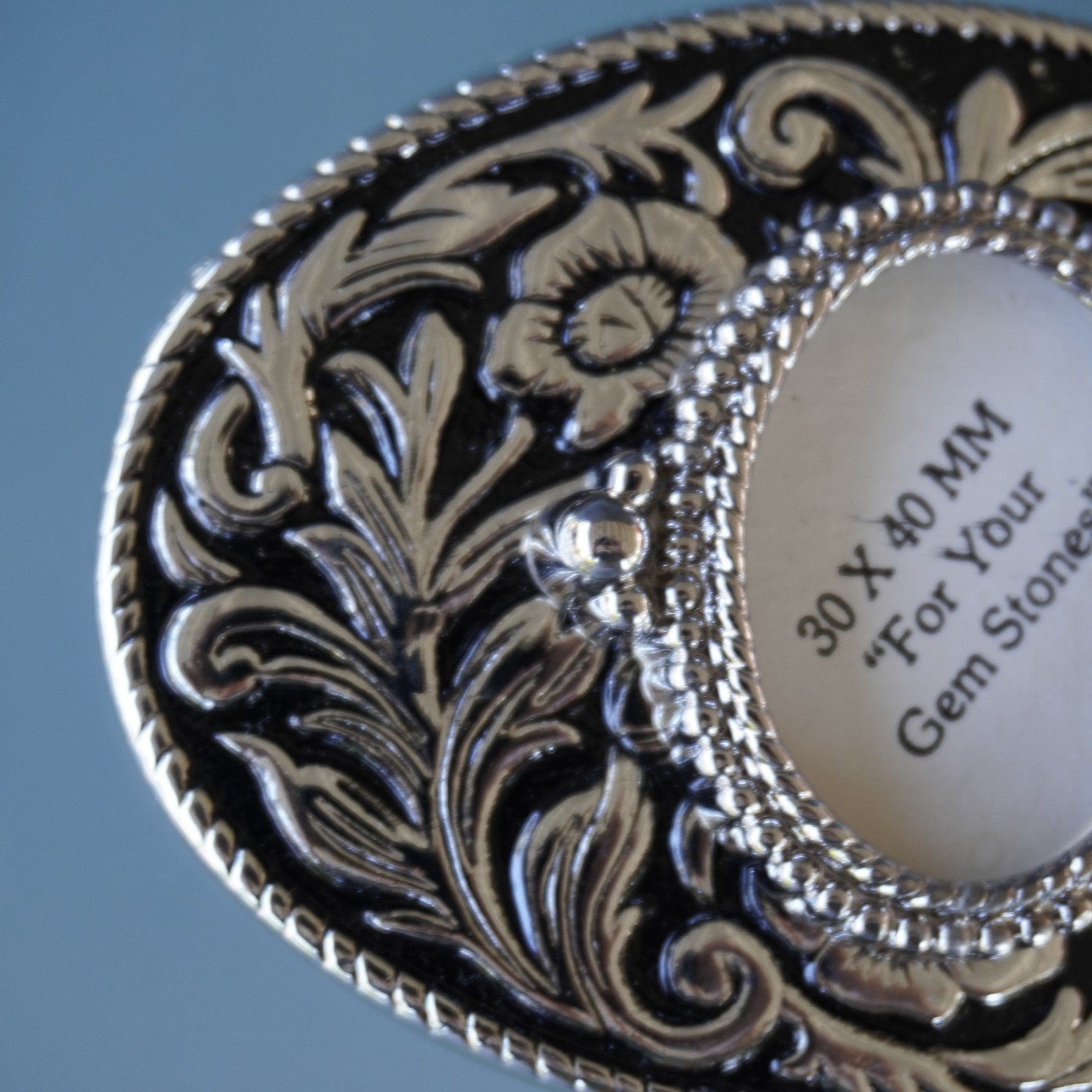Vintage Western Belt Buckle Blank 30x40mm Cabochon Frame Floral Silver Made in U