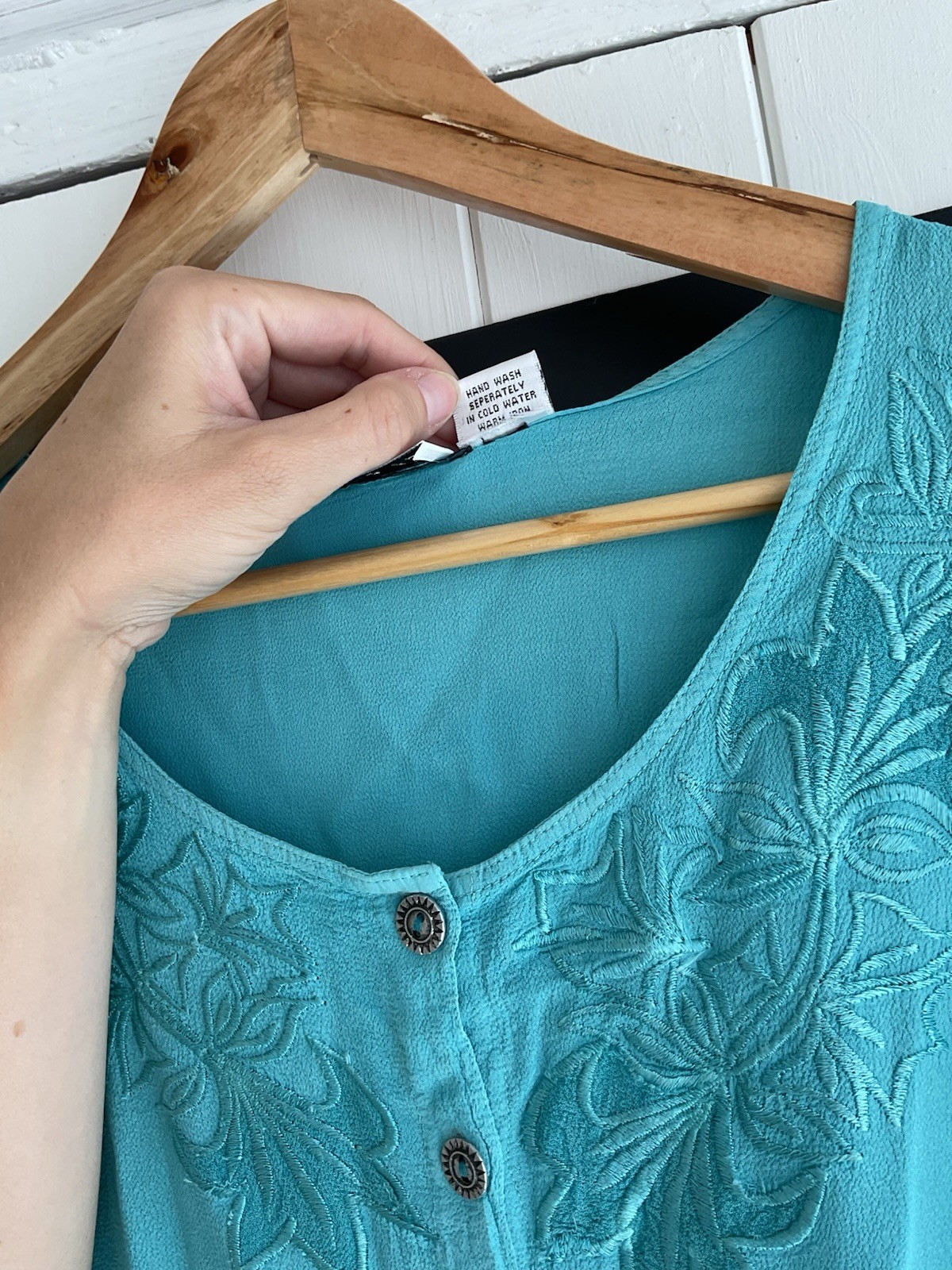 LIBAAS Turquoise Embroidered Button Front Chiffon Blouse Round Neck L/XL