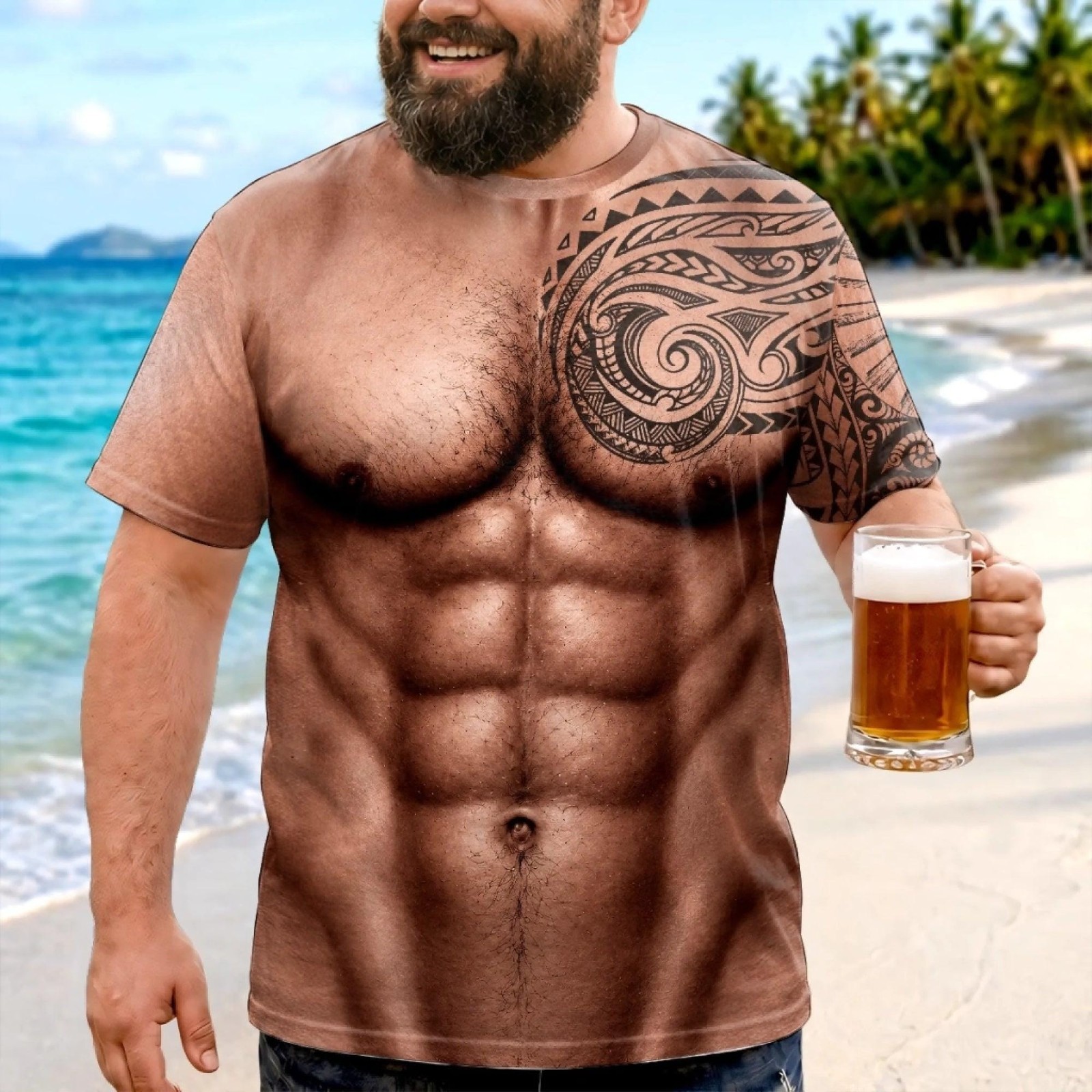 Custom 3D Muscle Tattoo T-shirt Men, Hawaiian Beach Shirt, Polynesian Tribal Tee
