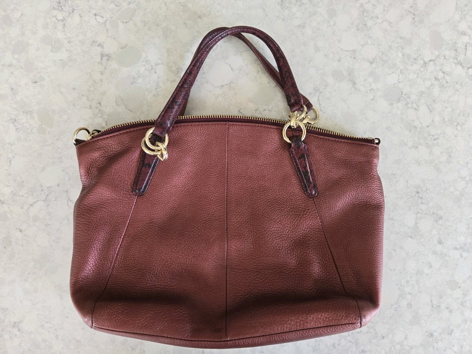 Coach Leah Metallic Wine Purse Handbag Genuine Leather Tote Drop Handles