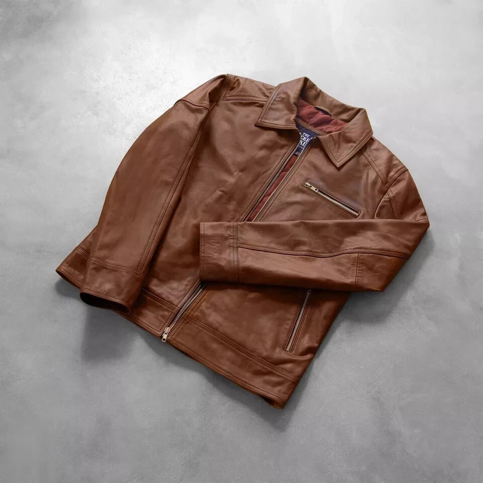 Men’s Cafe Racer Genuine Lambskin Leather Jacket Motorcycle Biker Vintage Brown