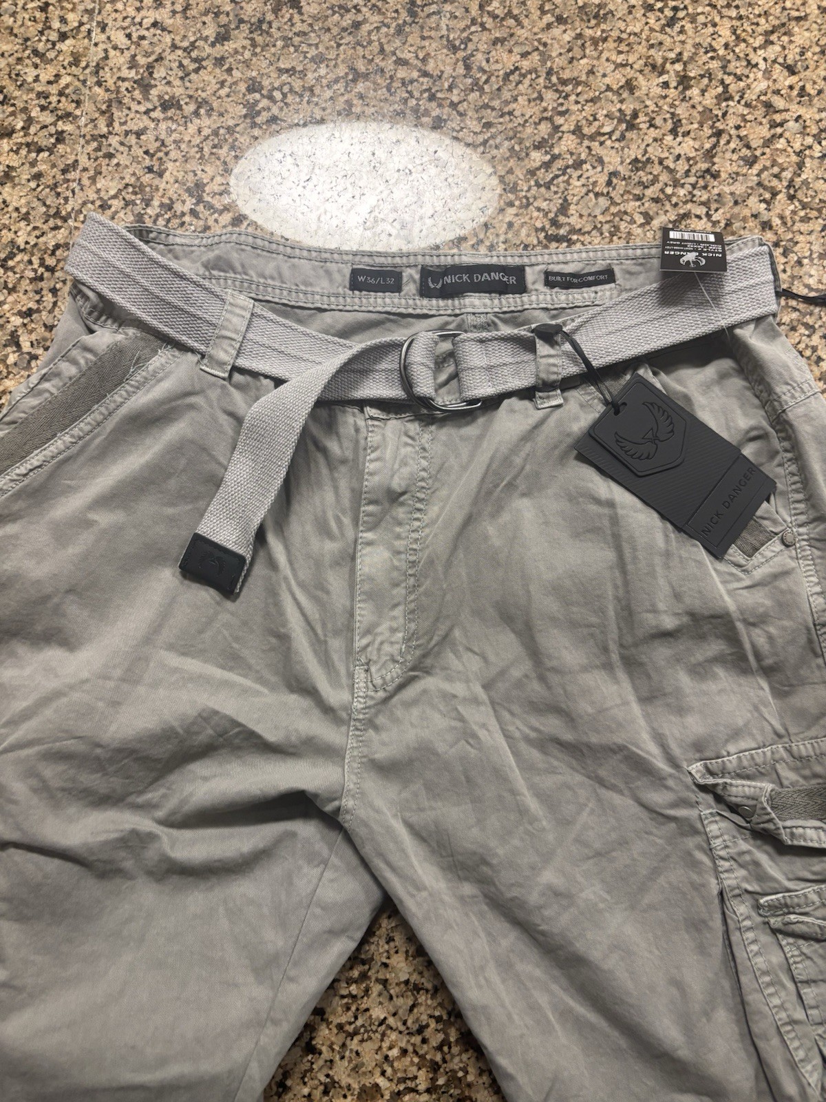 Nick Danger Men’s Light Grey Solid Cargo Shorts Belted Flat Front Buckle