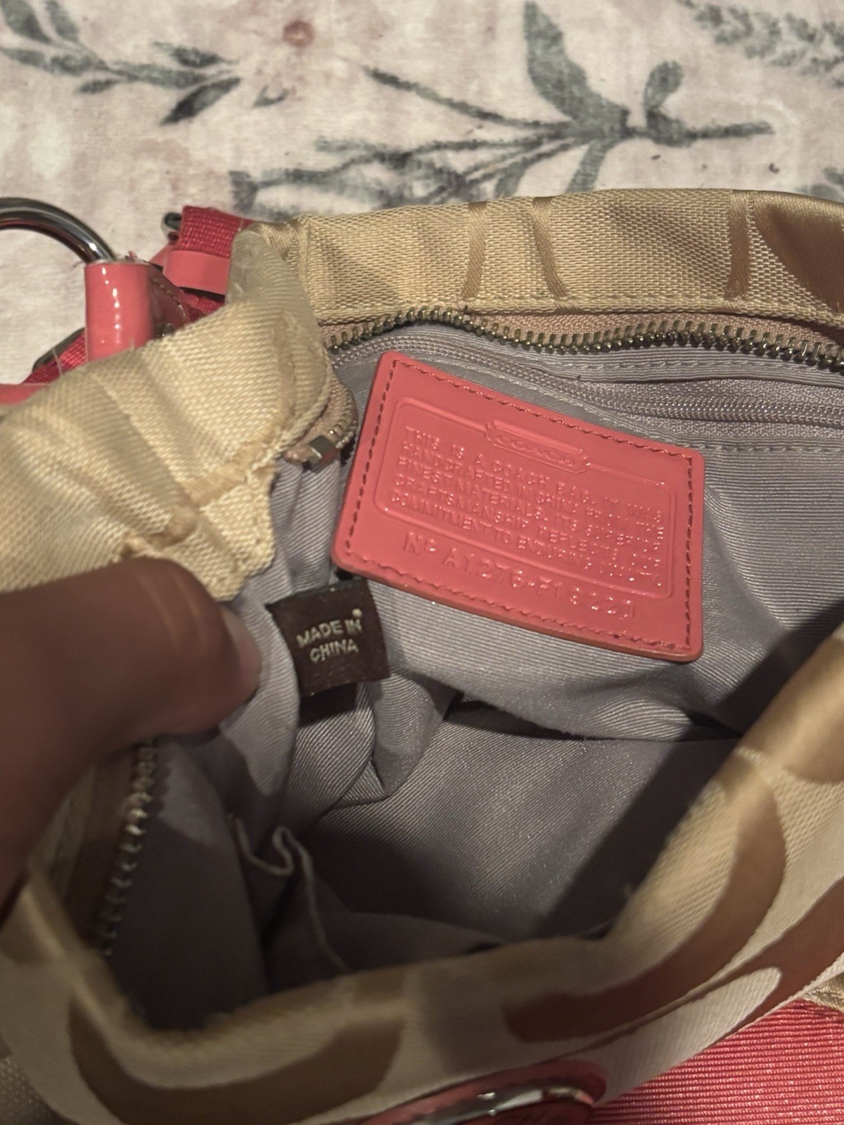 Coach Signature beige & pink logo crossbody bag w/ zip, adjustable strap, charm