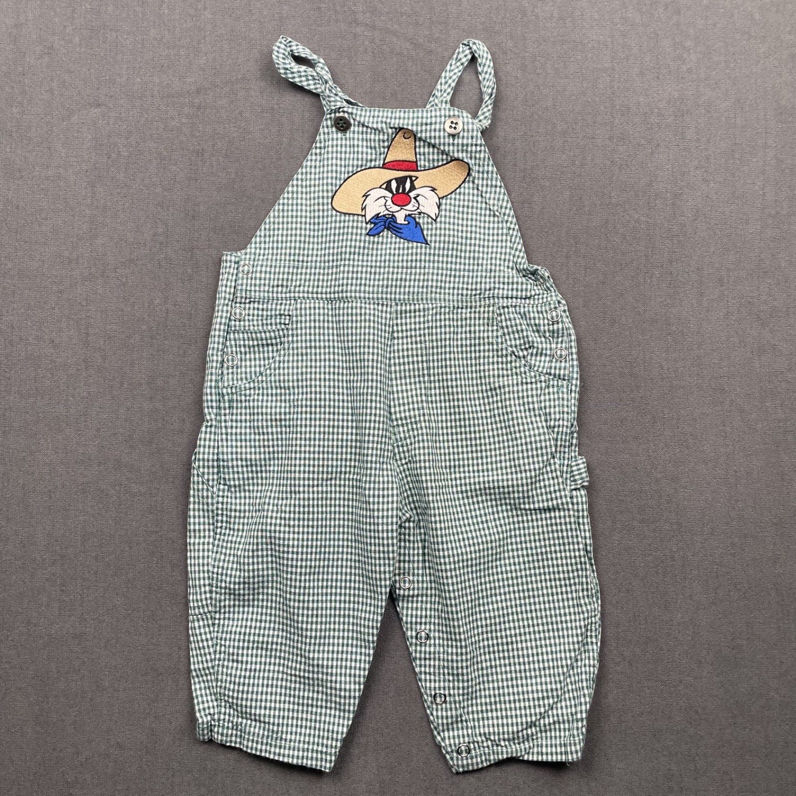 Vintage Looney Tunes Overalls Baby 12M Month Sylvester Western Cartoon 90s Check