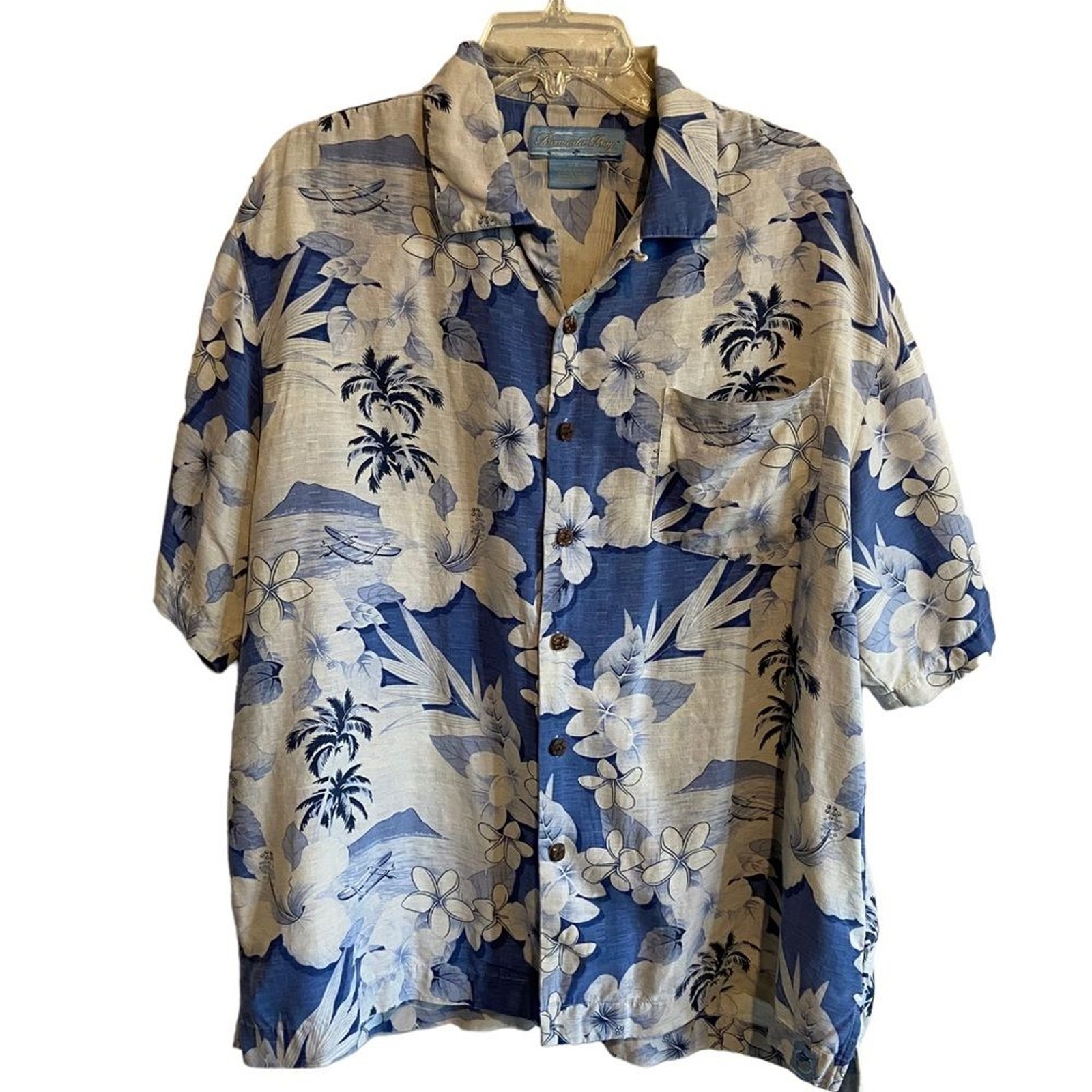 Silk Hawaiian Shirt Short Sleeve Wood Buttons Cruise Beach Coastal Bohemian Lrg