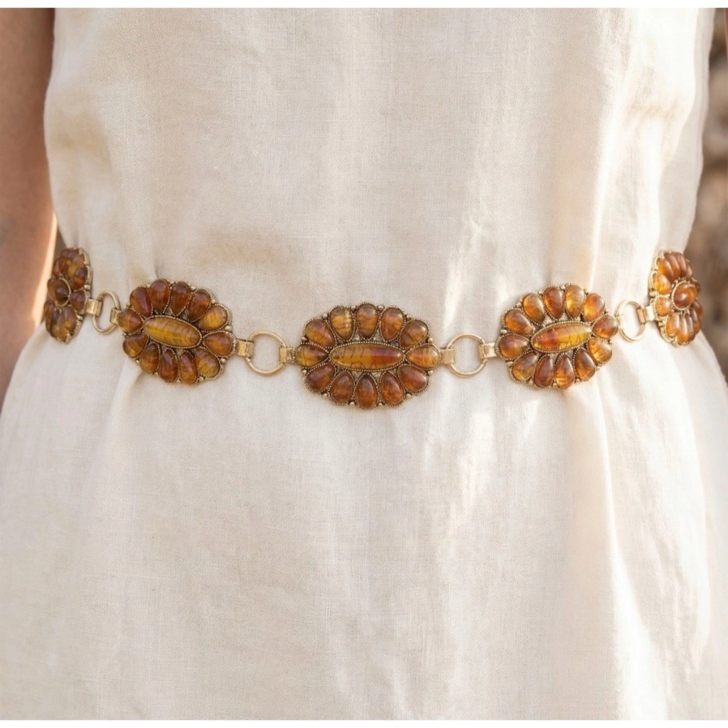 Gold Boho Cowgirl Concho Cabochon Western Chain Belt Rodeo Hippie Festival