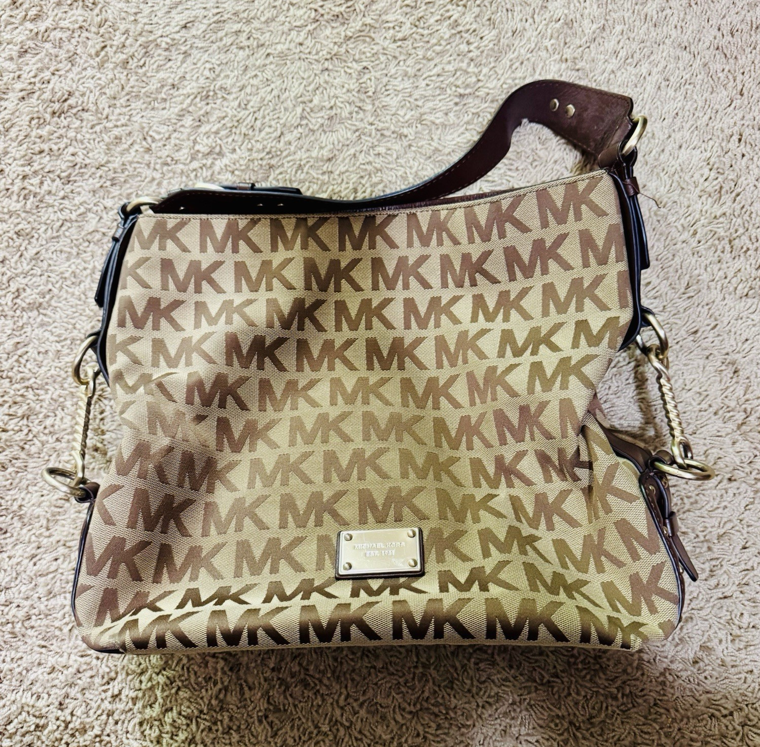 Michael Kors Beige/Brown MK Logo Shoulder Bag