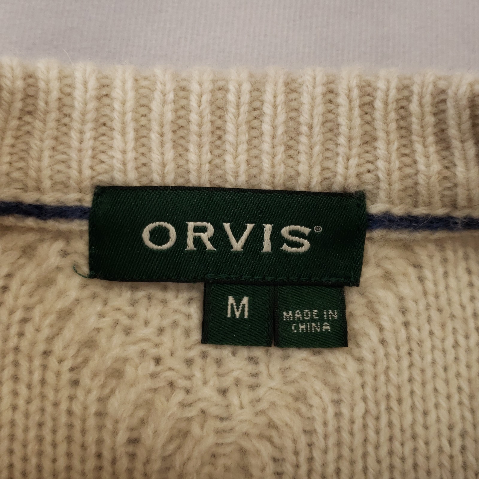 Orvis Sweater Men Medium Cream Cable Knit Merino Wool Blend Crew Neck Fisherman
