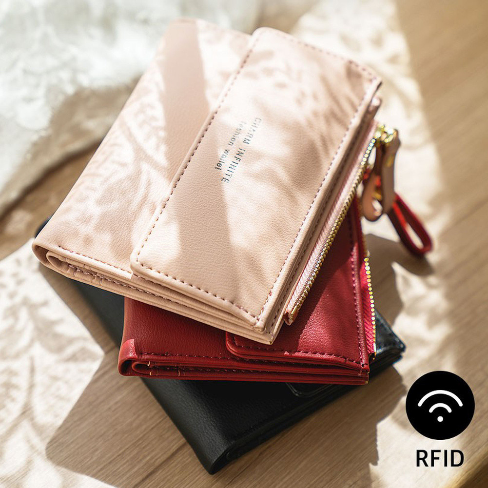 RFID Blocking Leather Bifold Wallet with Zipper Coin Pocket Lady Fashion Clutch