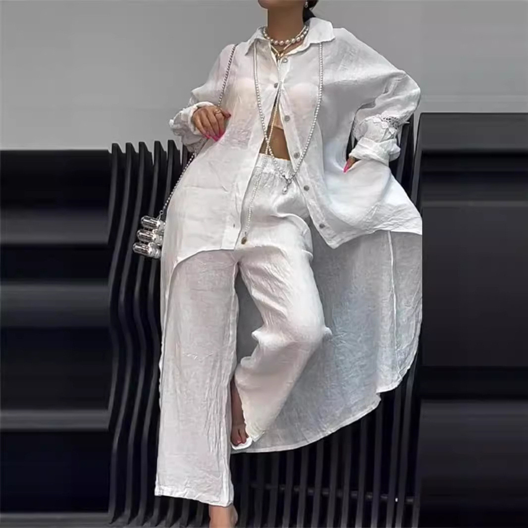 Women’s linen set – shirt and wide leg pants – two-piece casual and comfortable