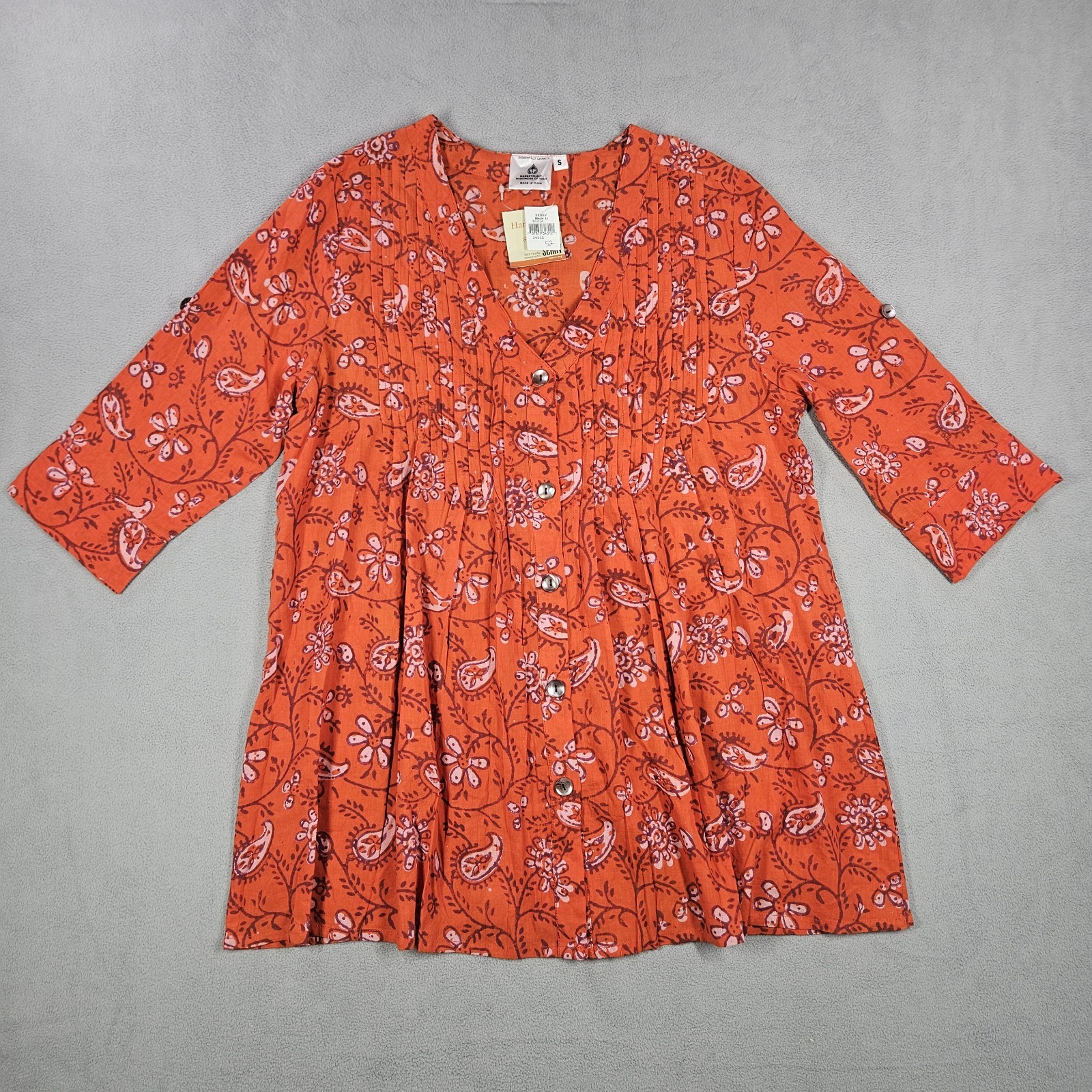 Dignity Not Charity Blouse Women’s Small Orange Boho Granola Tunic Top Pintucks