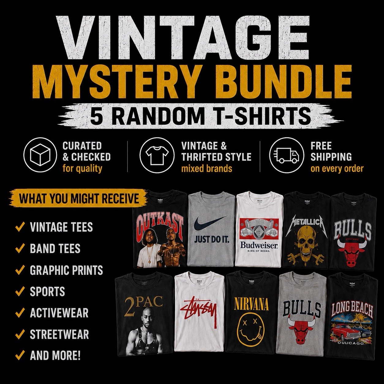 5 T-Shirt Mystery Bundle – Vintage, Activewear, Sports, Modern, Graphic