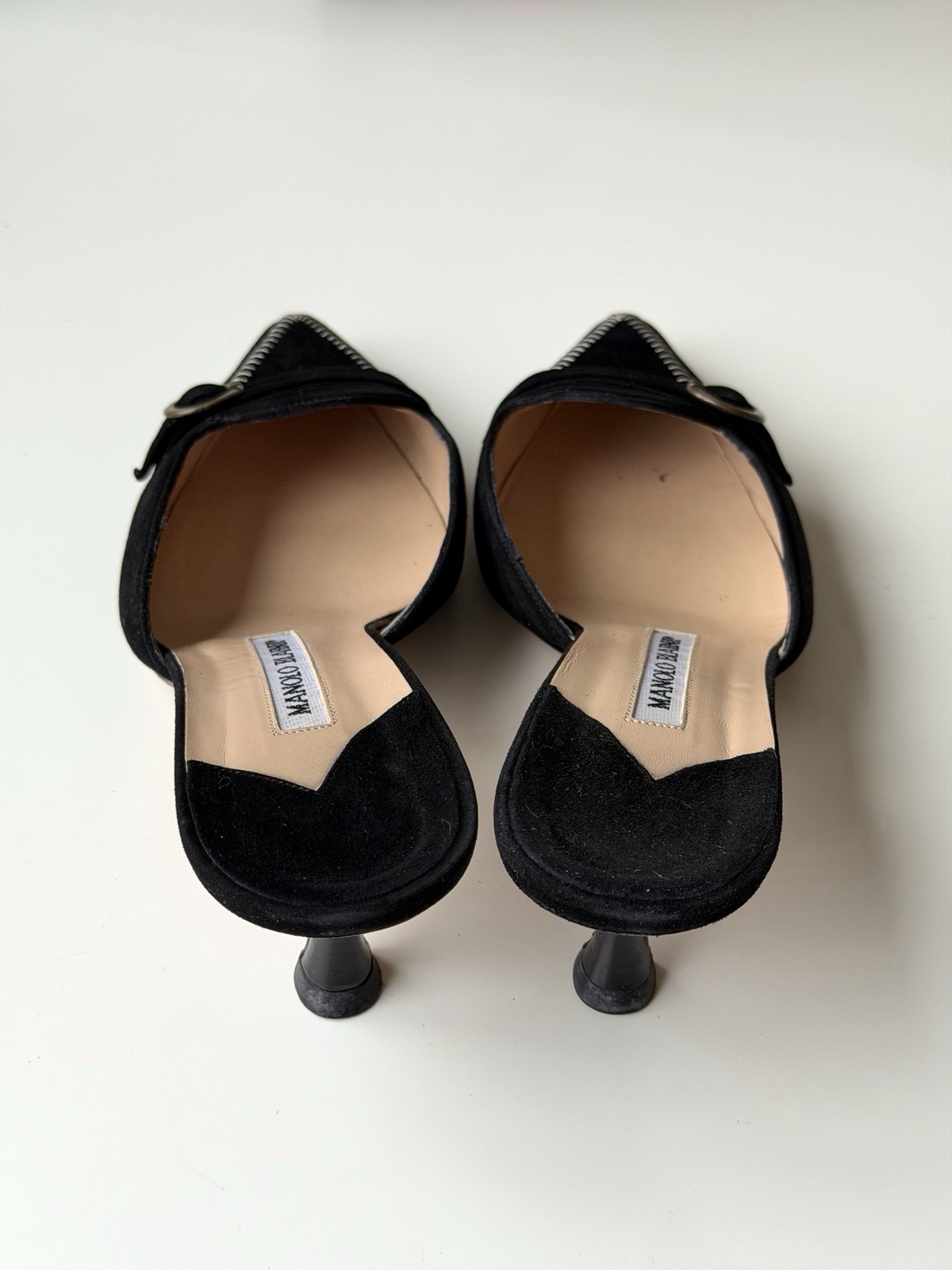 Manolo Blahnik vintage black suede mules, IT 38, ~ US 7.5-8, kitten heel: 2”