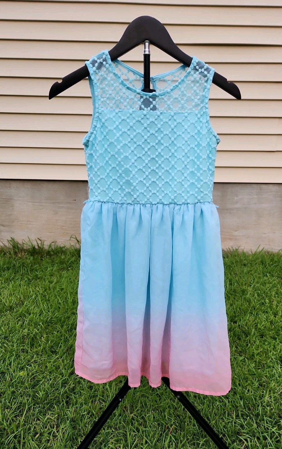 Holiday Editions Girls Dress L 10-12 Blue Pink Ombre Dip Dye Mesh Lace Special