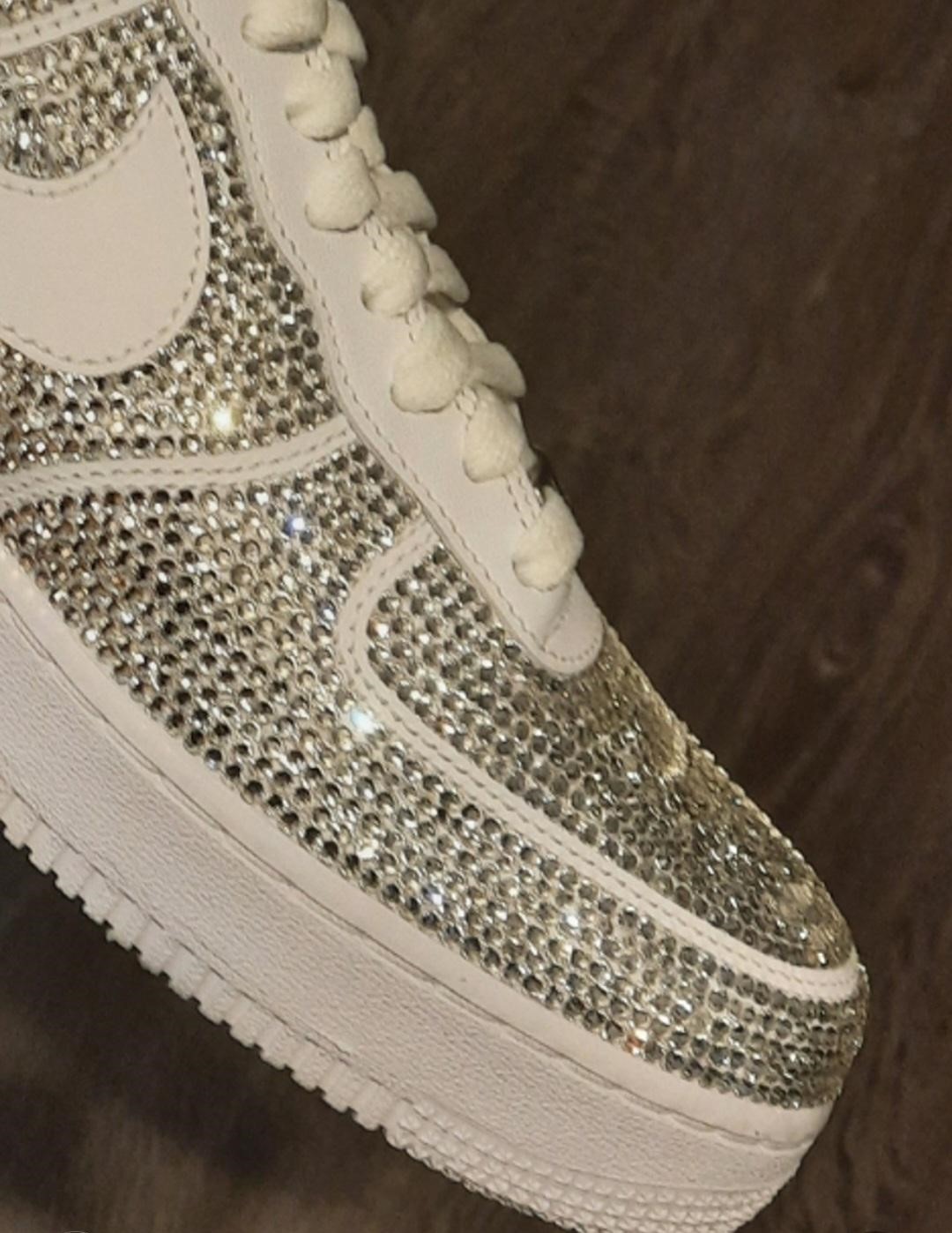 Custom Nike Air Force 1s with Crystal Clear Rhinestones, All White