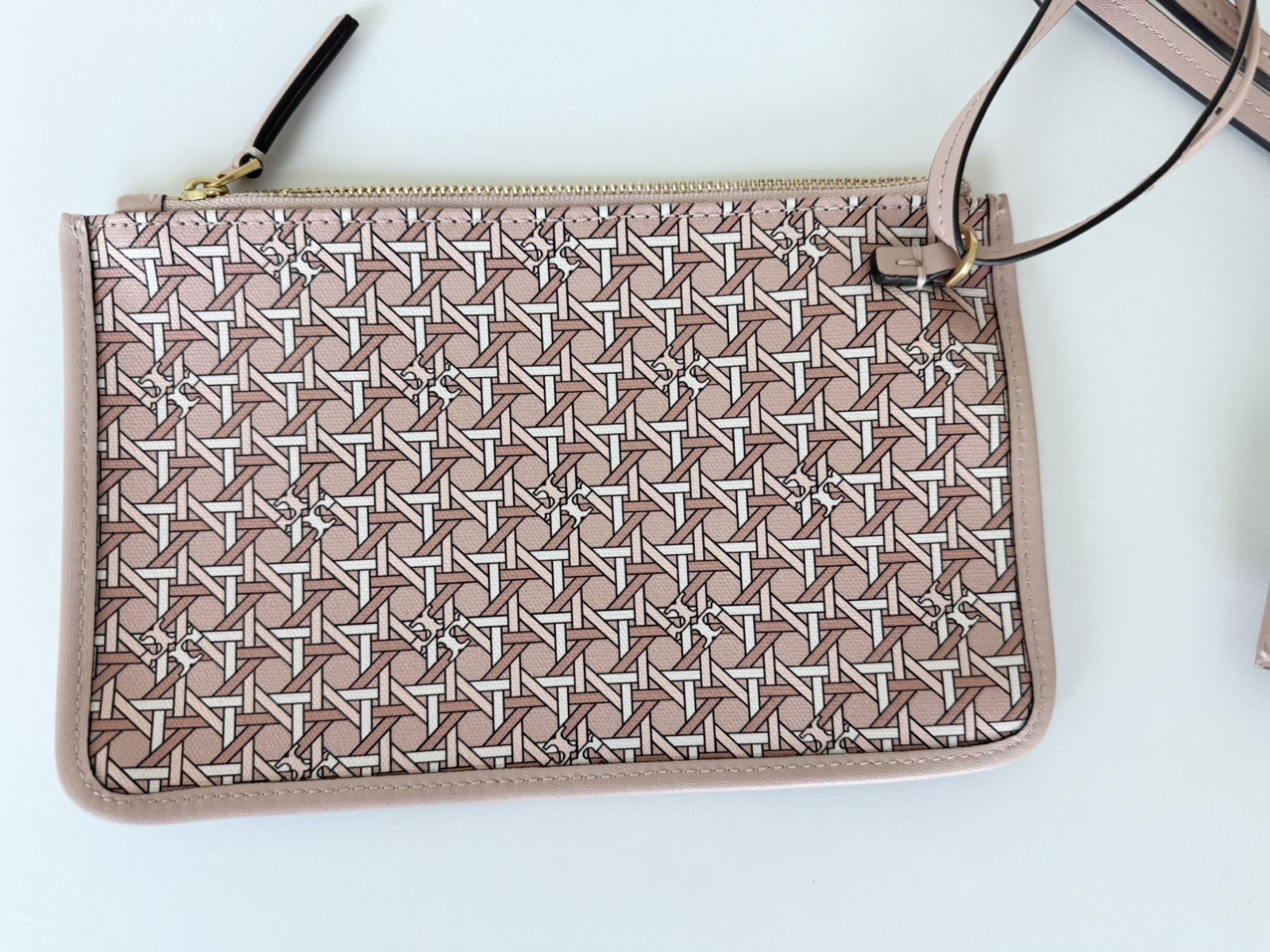 Tory Burch T Monogram Tote Pink Beige Zip Closure & Pouch Gold Hardware