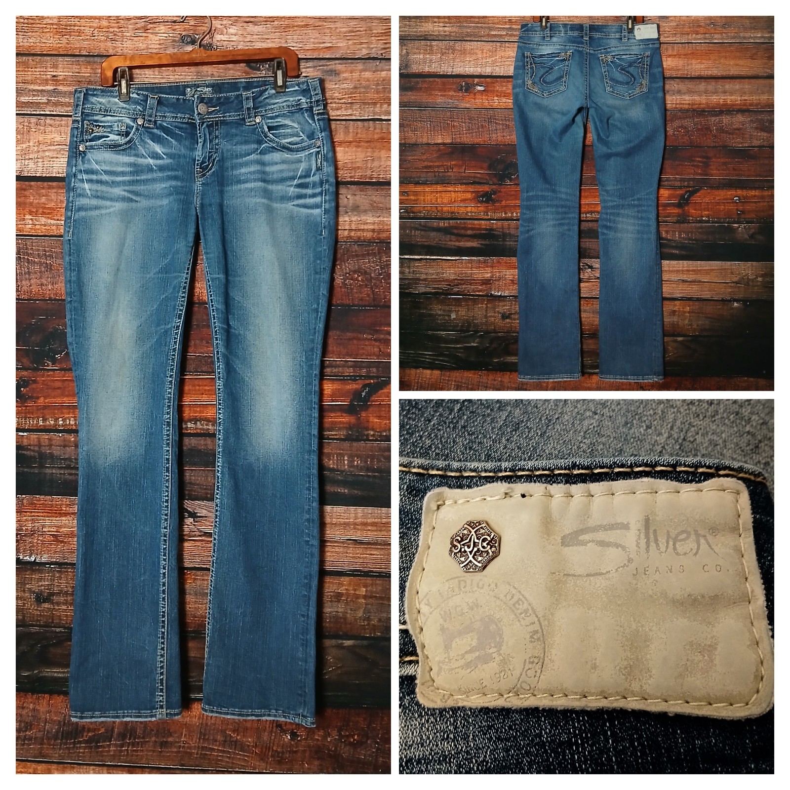 Silver Jeans 32 14 Long Suki Mid Straight Dark Wash Distressed Denim Stretch