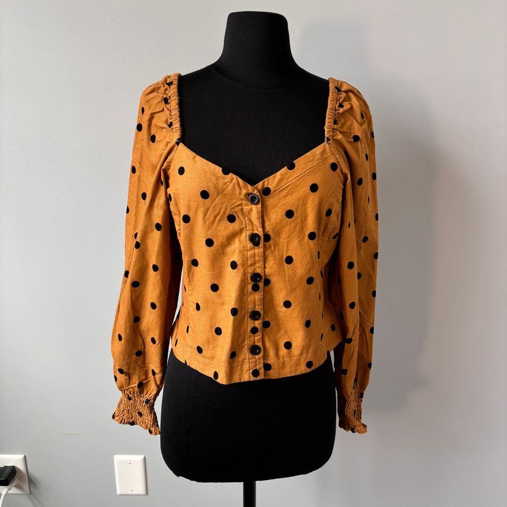 Madewell Corduroy Polka Dot Puff Sleeve Button-Up Top in Caramel Size 6
