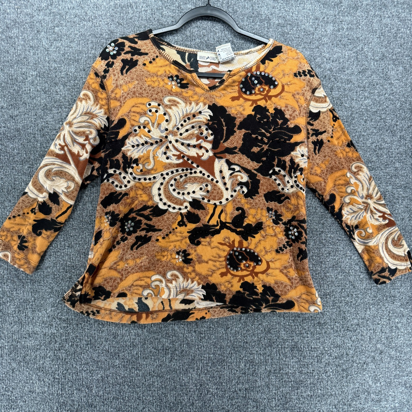 White Stag Top Womens XL Brown Black Paisley Sequins Ribbed Fitted Hippie Boho