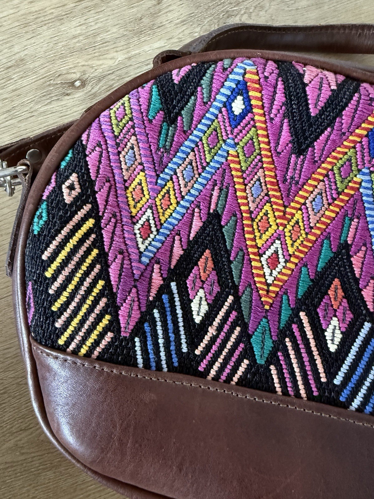 Brown Multicolor Geometric Round Crossbody Bag Zip Top Tassel Detachable Strap
