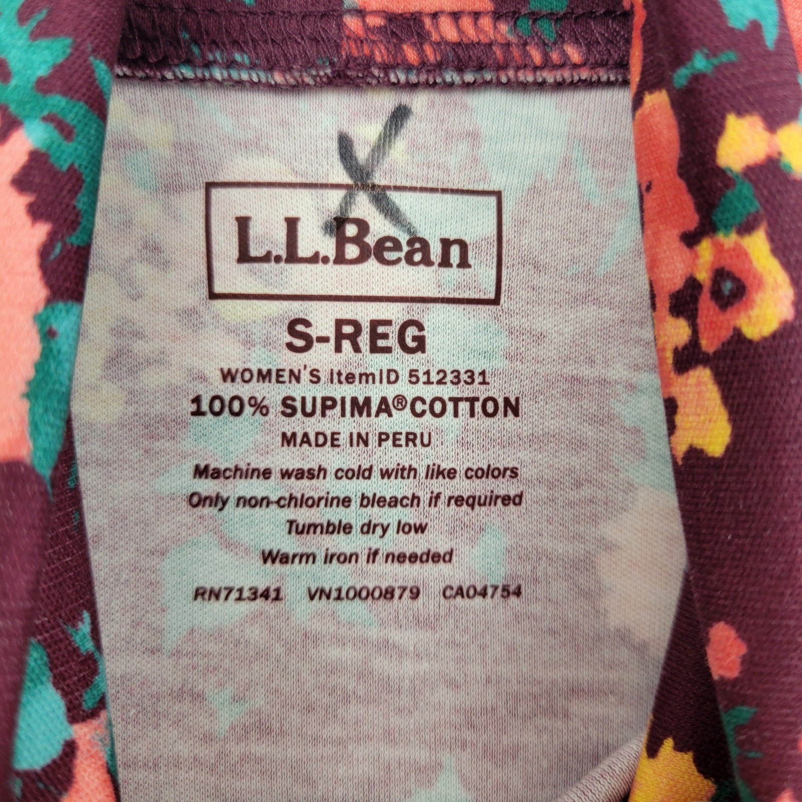 LL Bean Womens Pima Cotton Turtleneck Size Small Top Burgundy Floral 512331