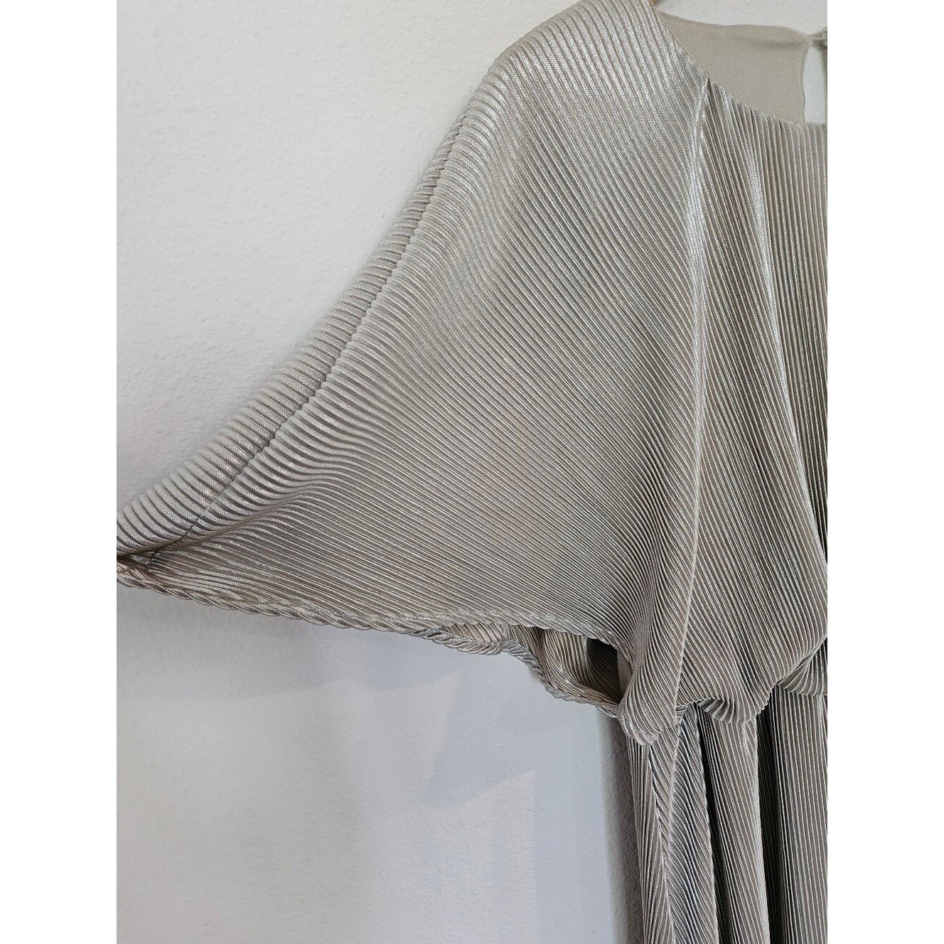 Celadon Cape Metallic Champaigne Pleated Maxi Dress with Front Slit