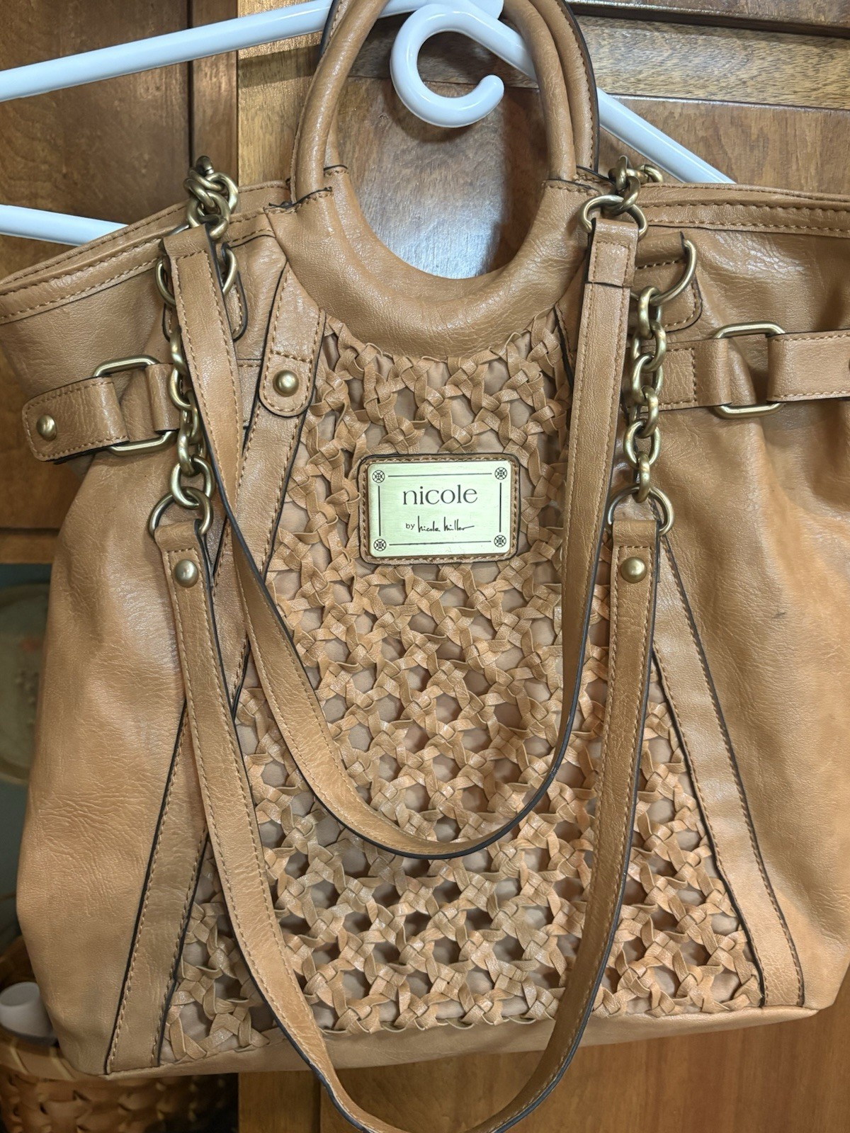 Nicole by Nicole Miller Tan Satchel Top Handle Bag Detachable Strap Magnetic