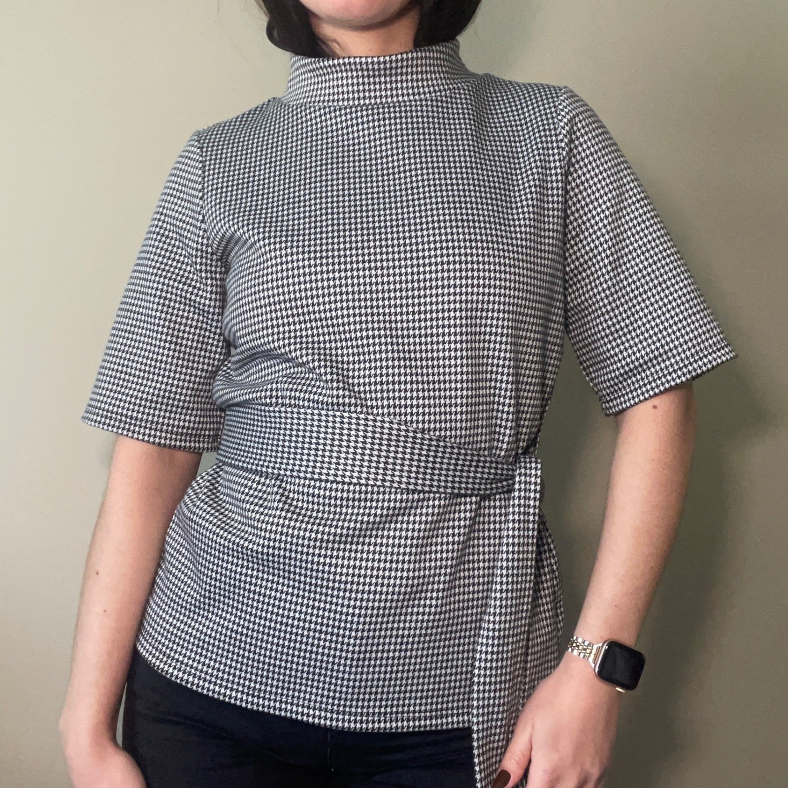 Halogen Mock Neck Belted Peplum Top Black White Houndstooth Women’s XS