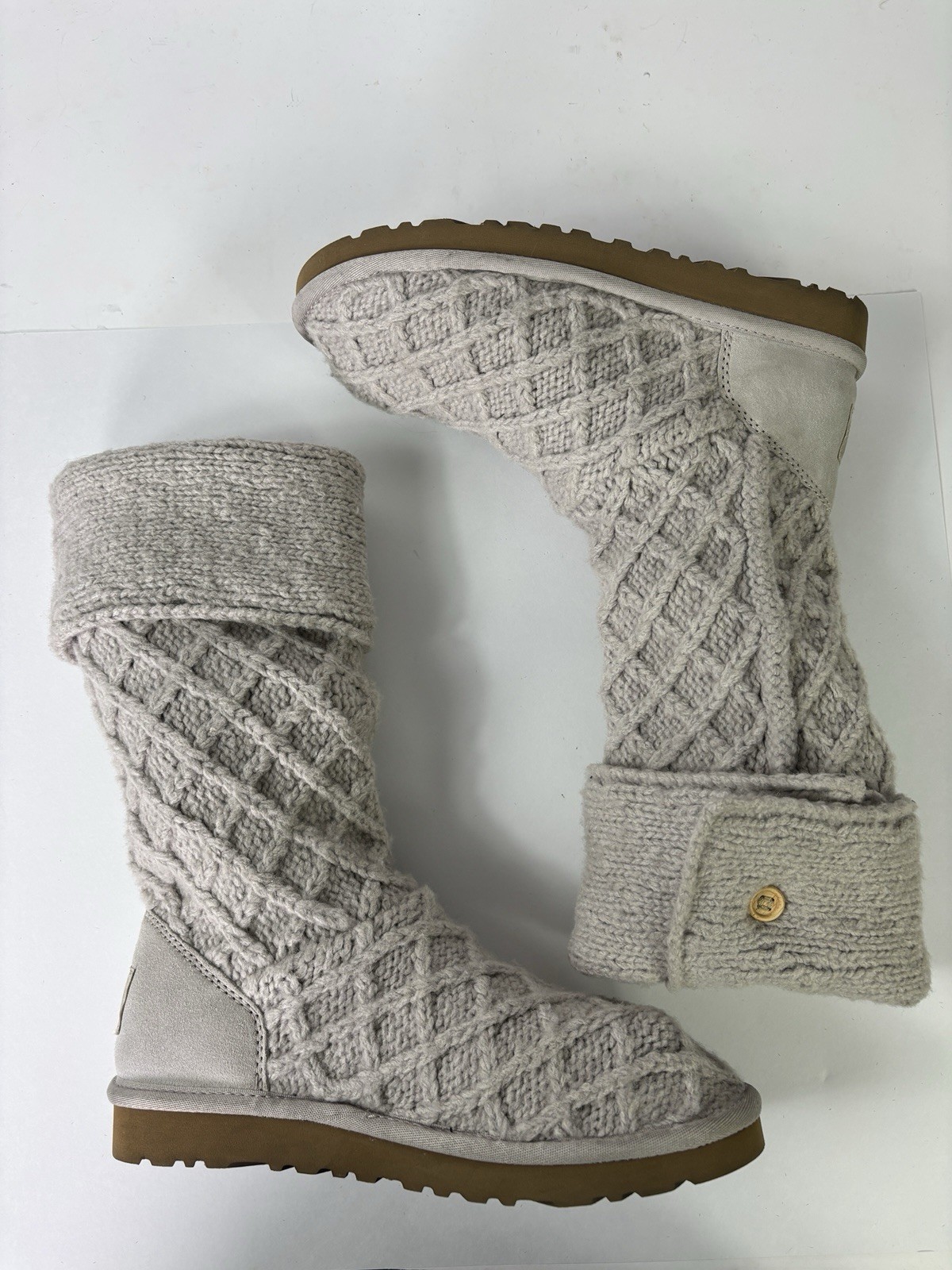 UGG Beige Lattice Cardy Tall BOOTS Size 7 Sweater Knit Button 3066 Cuffable
