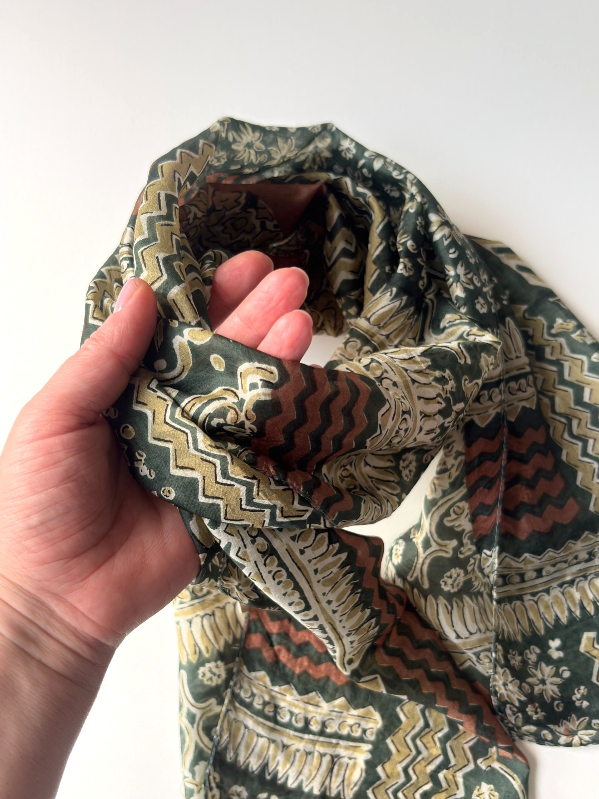 Vintage Silk Scarf Green Abstract Boho Ethnic Floral Designer Luxury Wrap, 34